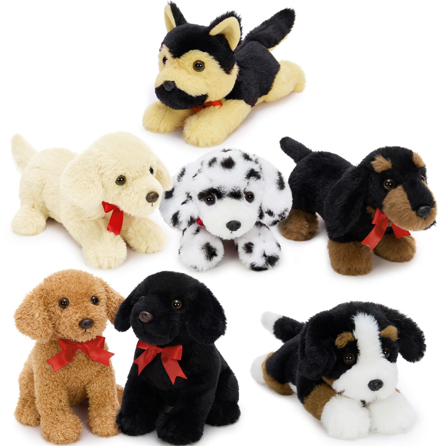 Assorted dog plush toy set with multiple puppy breeds, soft stuffed animals for kids