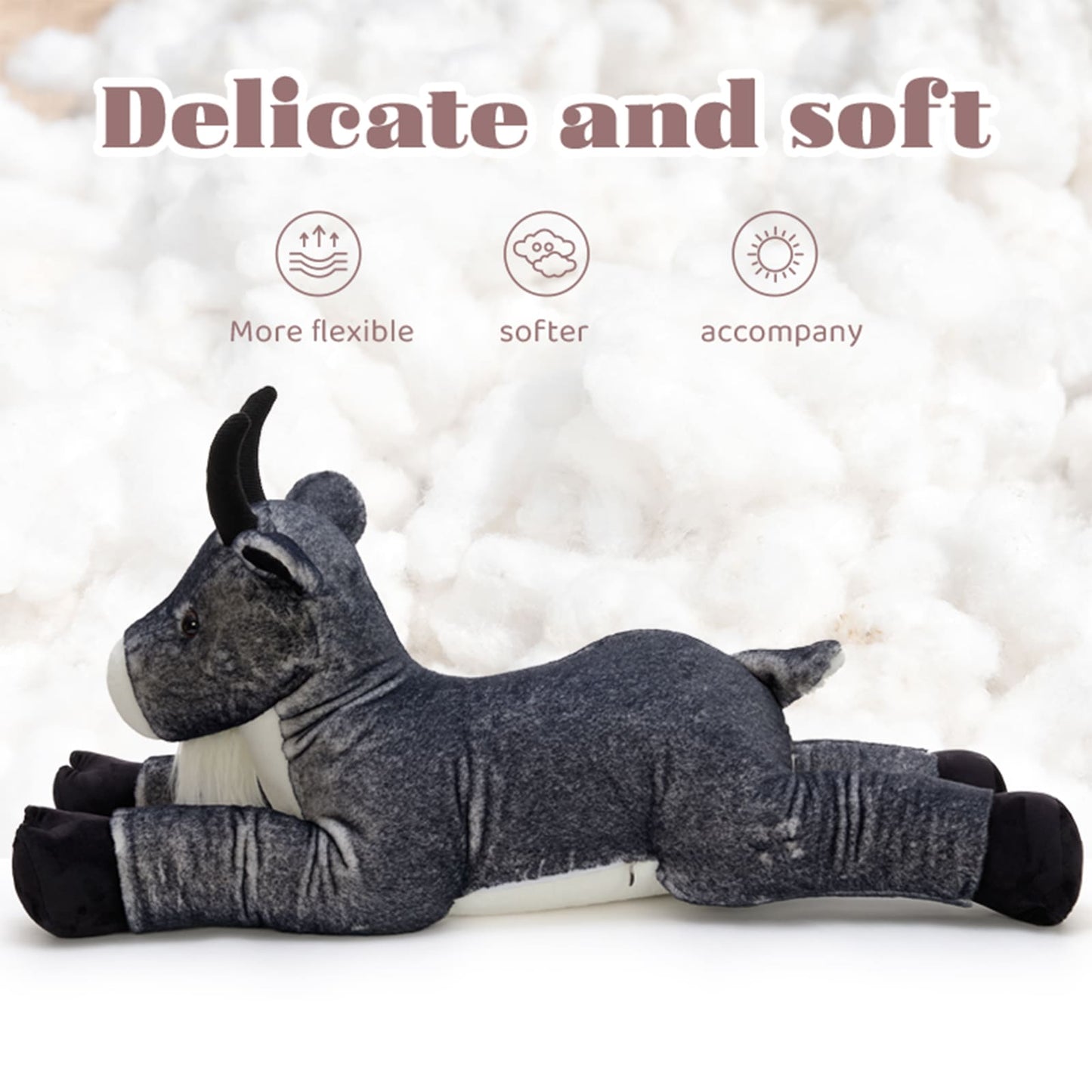 Large gray goat plush pillow toy, cozy farm animal stuffed toy for cuddling and play
