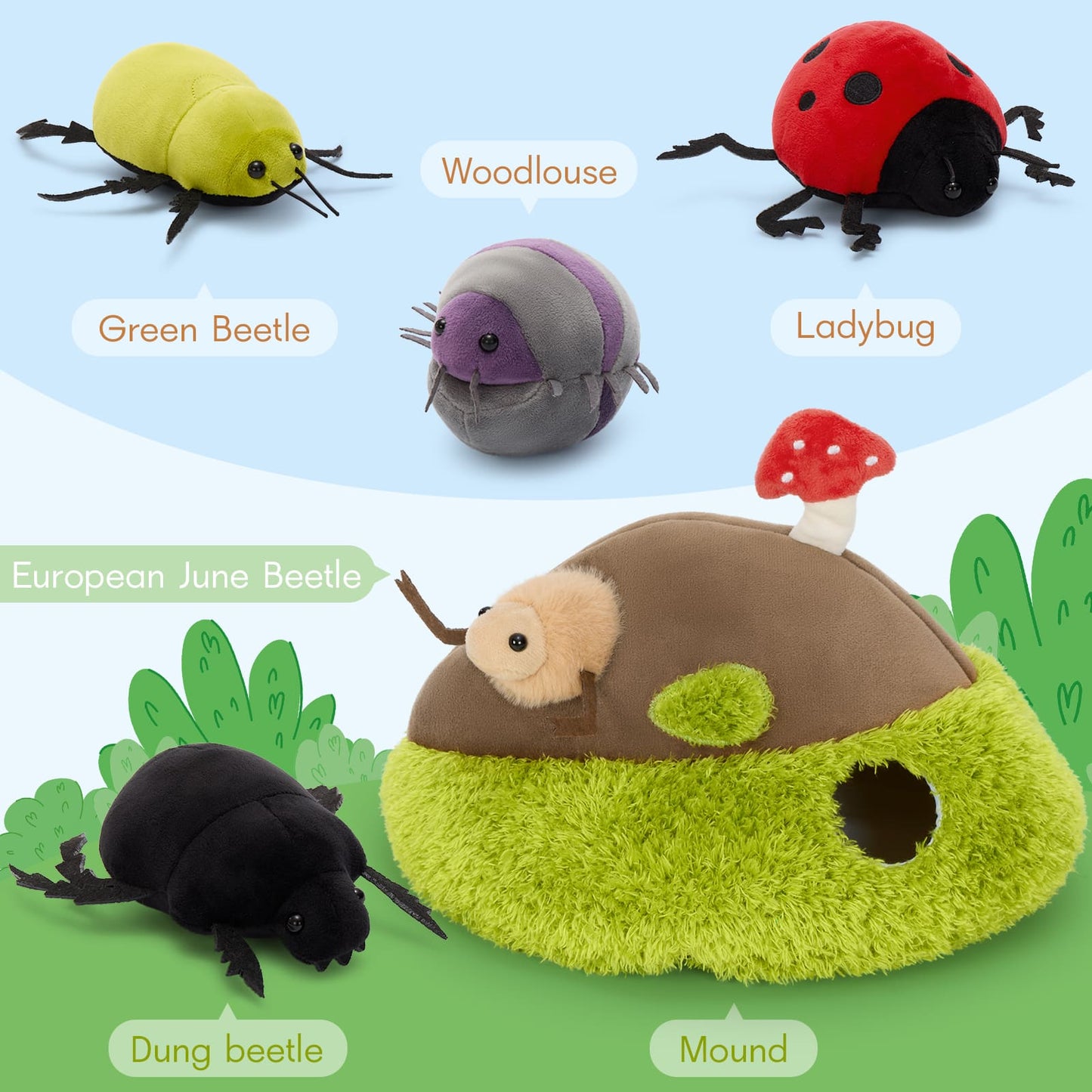Cute Bug Plush Toys for Kids Learning – Soft Beetle, Ladybug & Woodlouse Educational STEM Insect Set