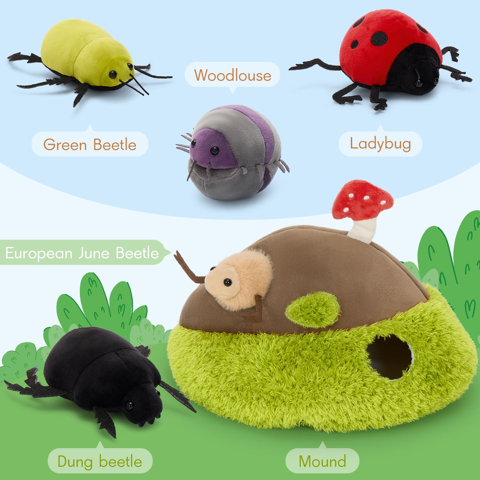 Woodlouse & Beetle Plush Toy Set with Soft Bug Mound Hideaway