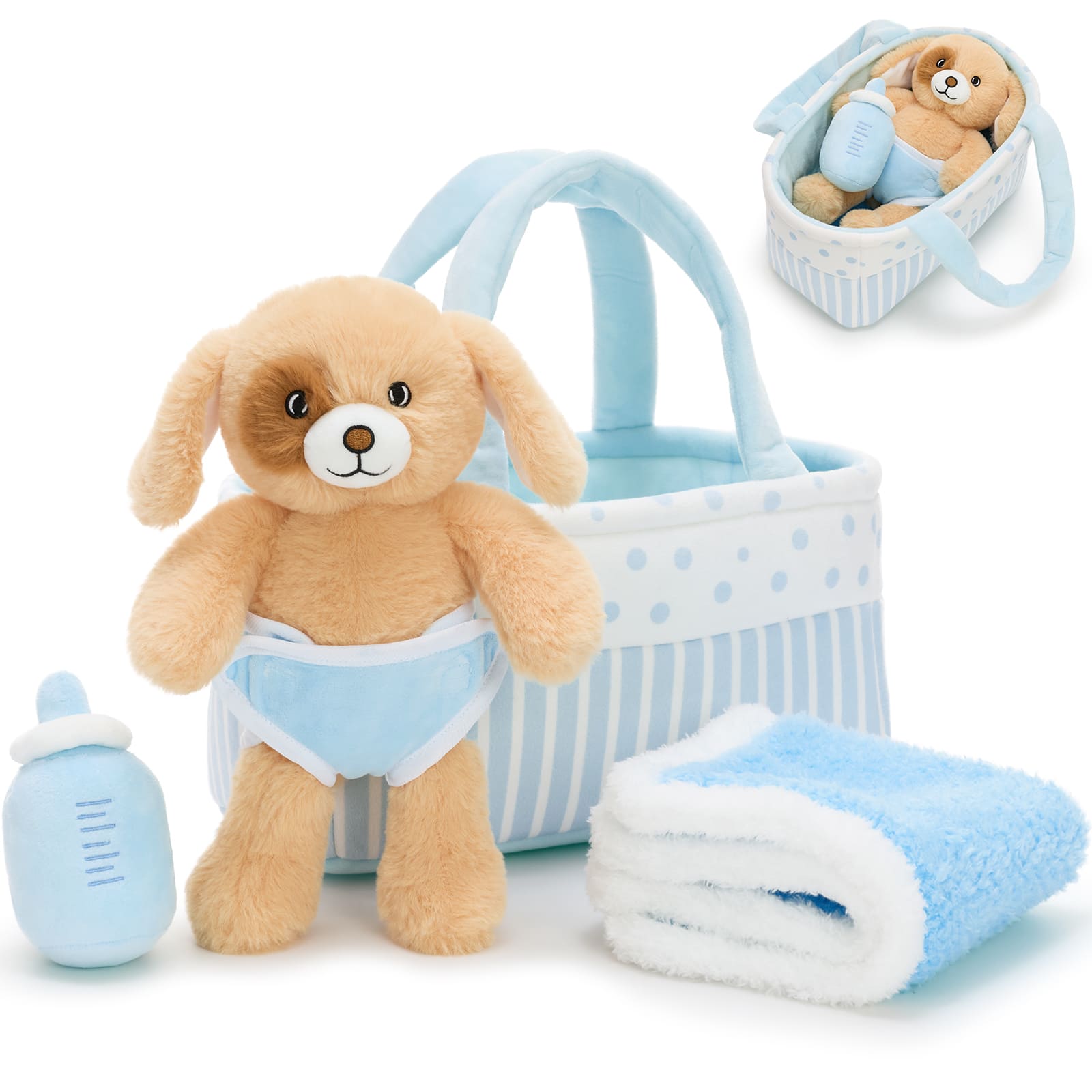 Cute Plush Puppy Baby Gift Set with Basket, Blanket & Bottle