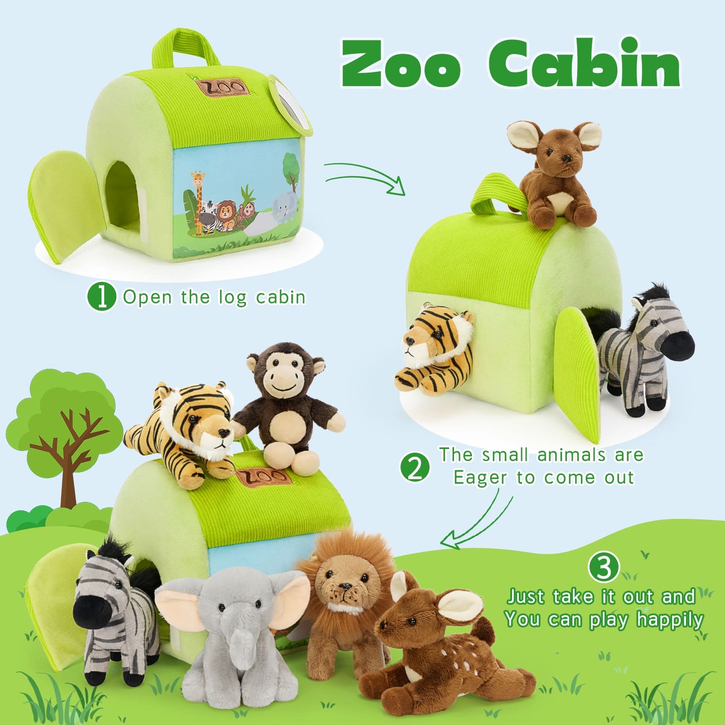 Cute jungle animal plush toy set including lion, tiger, monkey, elephant, zebra, and deer in a colorful zoo-themed carrying house for kids.