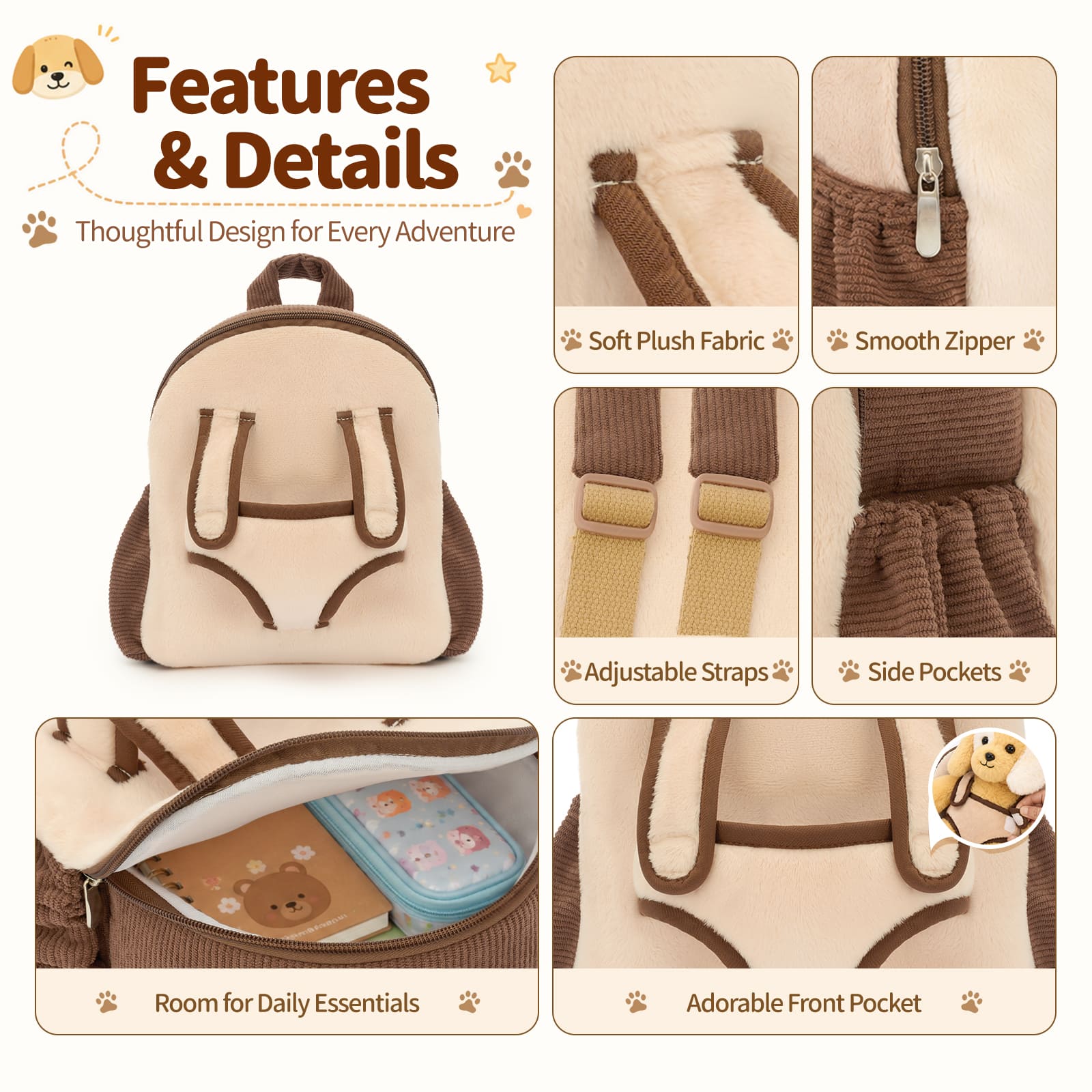 Dog Toddler Backpack Plush Bag with Detachable Toys