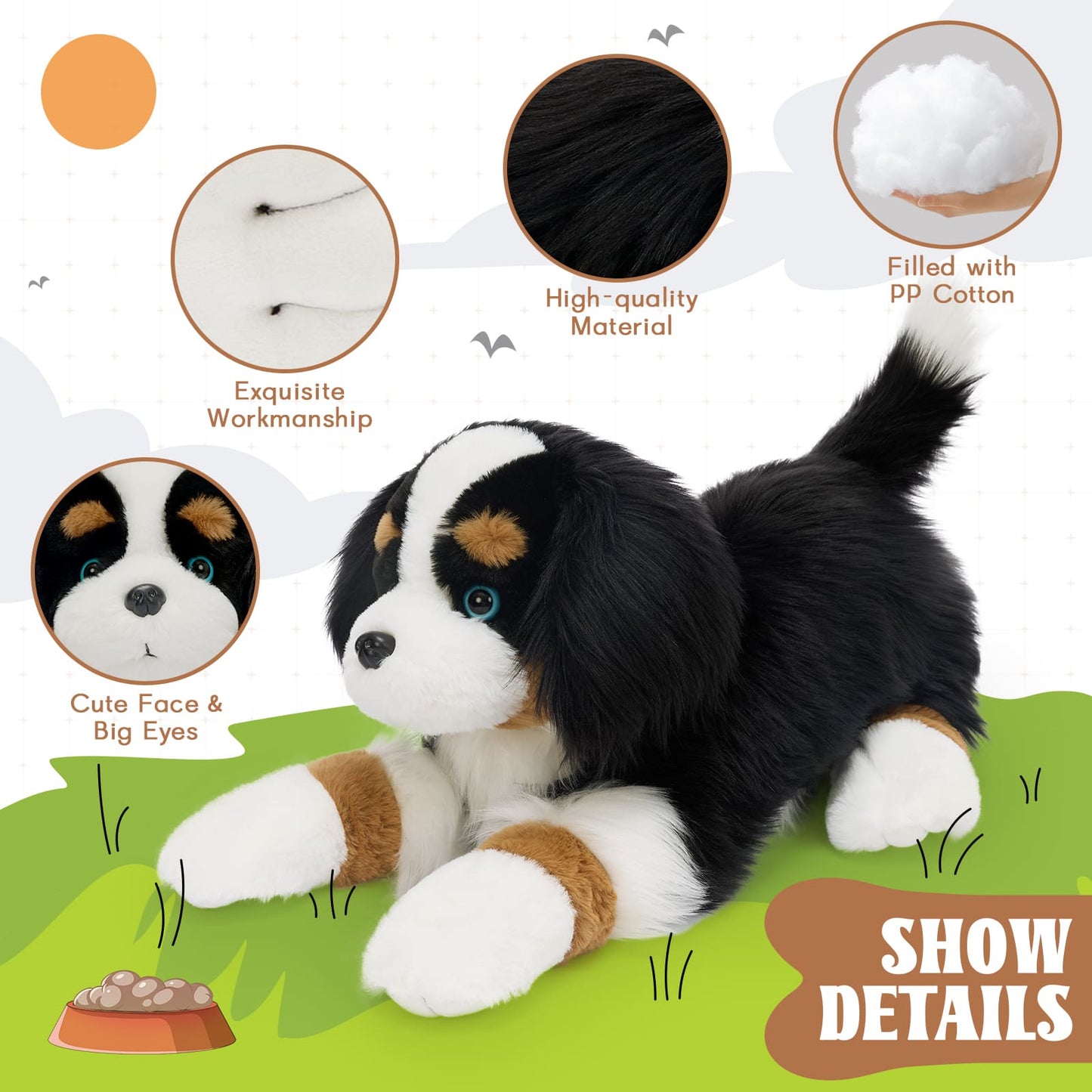 Ultra soft Bernese Mountain Dog stuffed animal with lifelike black white and brown coat sitting with small plush puppies perfect for kids gifts and nursery decor