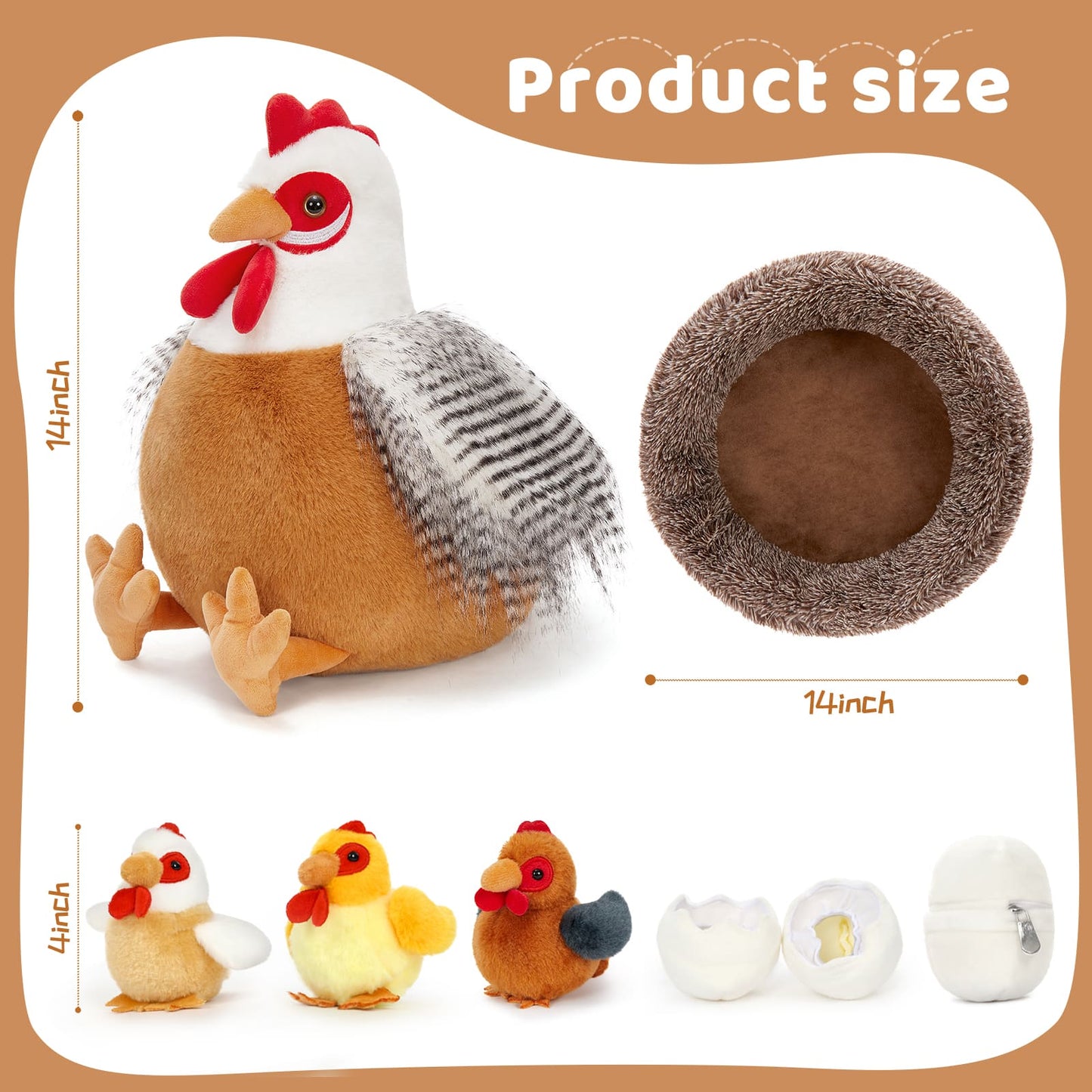 Lifelike Big Rooster Chicken, Three Mini Chicks, Three Chicken Eggs, and a Chicken Coop Plush Toy Set - Farm Chicken Stuffed Animals Set for Children - Stuffed Animals with Babies in the Belly - Stuffed Animal Babies with Their Mom - Realistic Chicken Plush Dolls for Kids Teens Adults
