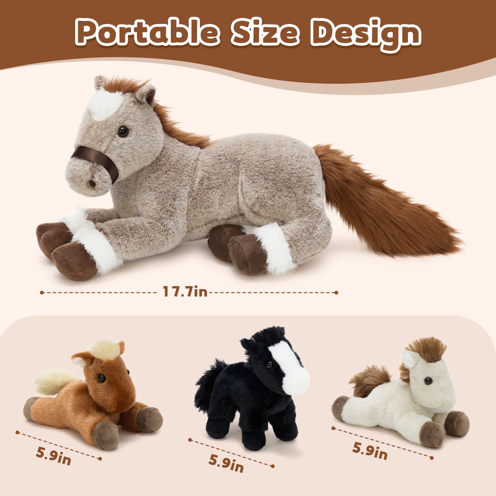 Horse Stuffed Animals Pony Plush Toys, Black/Brown, 17.72 Inches