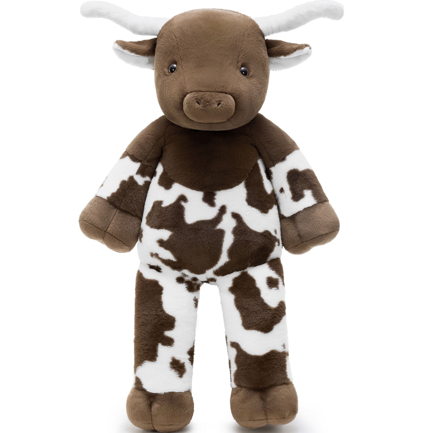 Cute oversized cow plush pillow for kids featuring realistic Highland cow details, soft jumbo stuffed animal for playrooms, cozy room decor, and holiday gifts.
