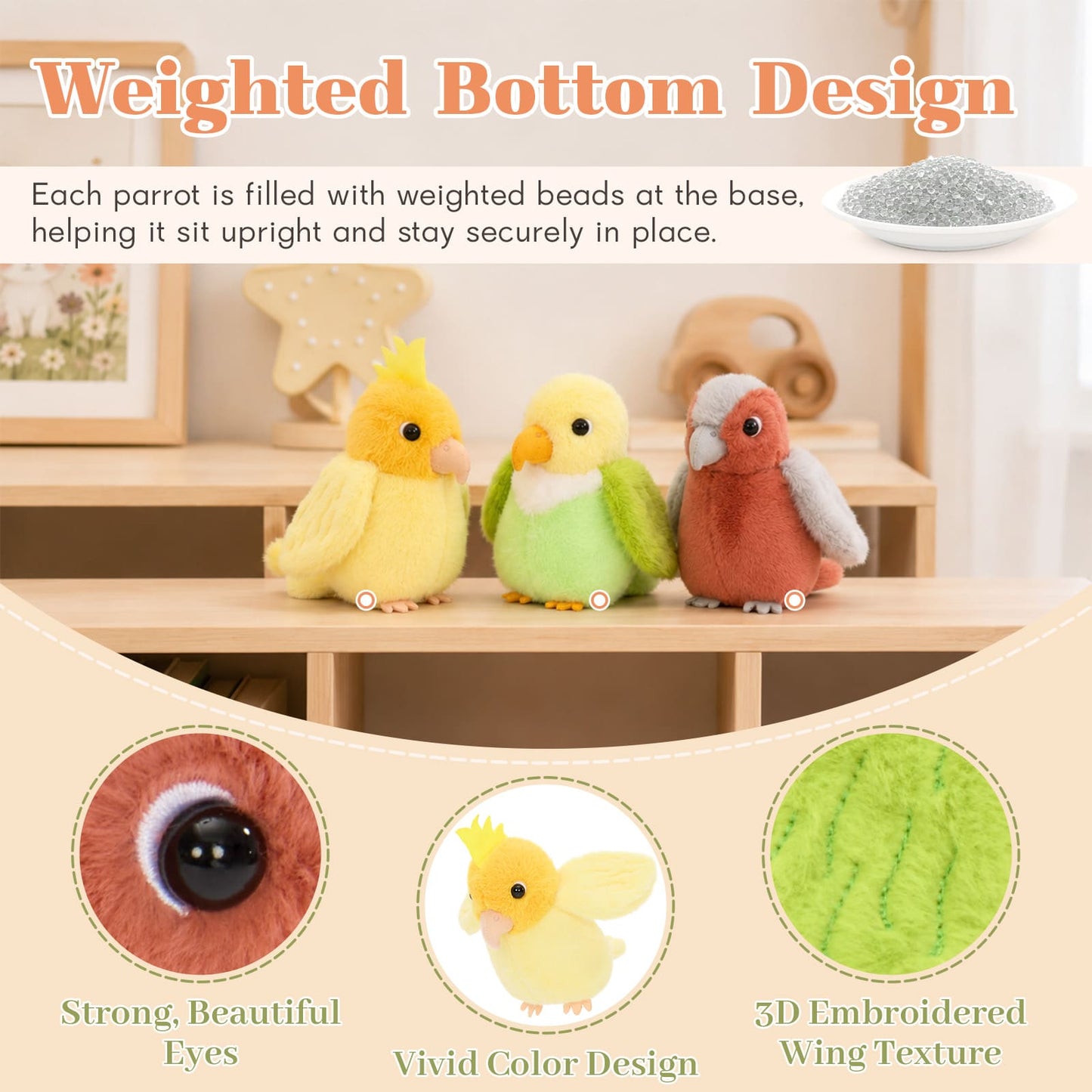 Three Cute Stuffed Parrots with Cozy Birdhouse Playset, 11.8 Inches