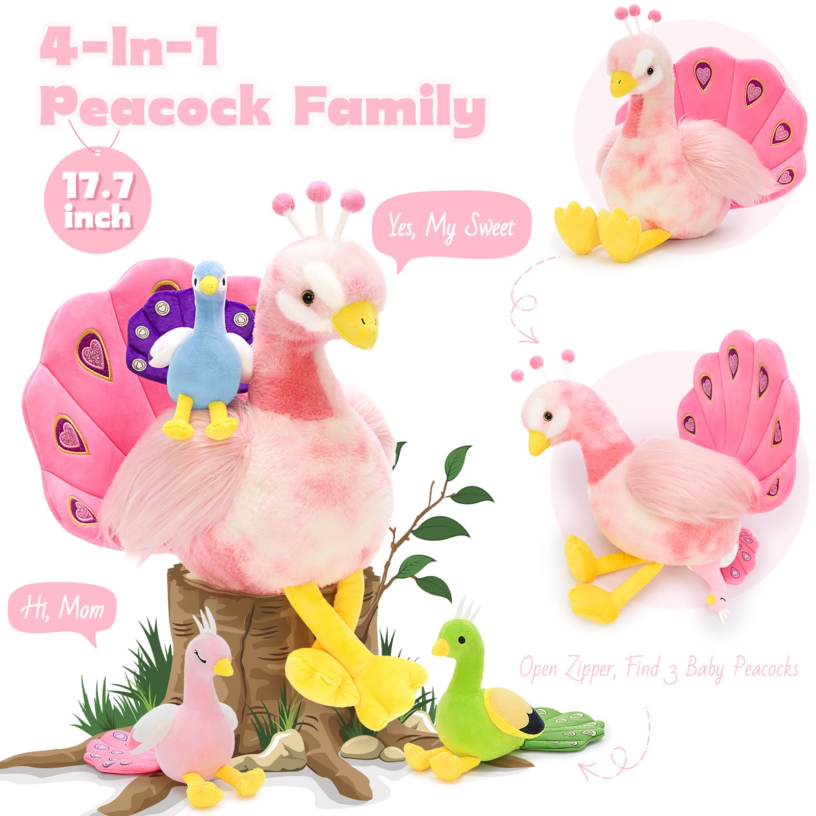 4 Pcs Peacock Stuffed Animals With Babies Inside, Blue/Pink, 17.7 Inches