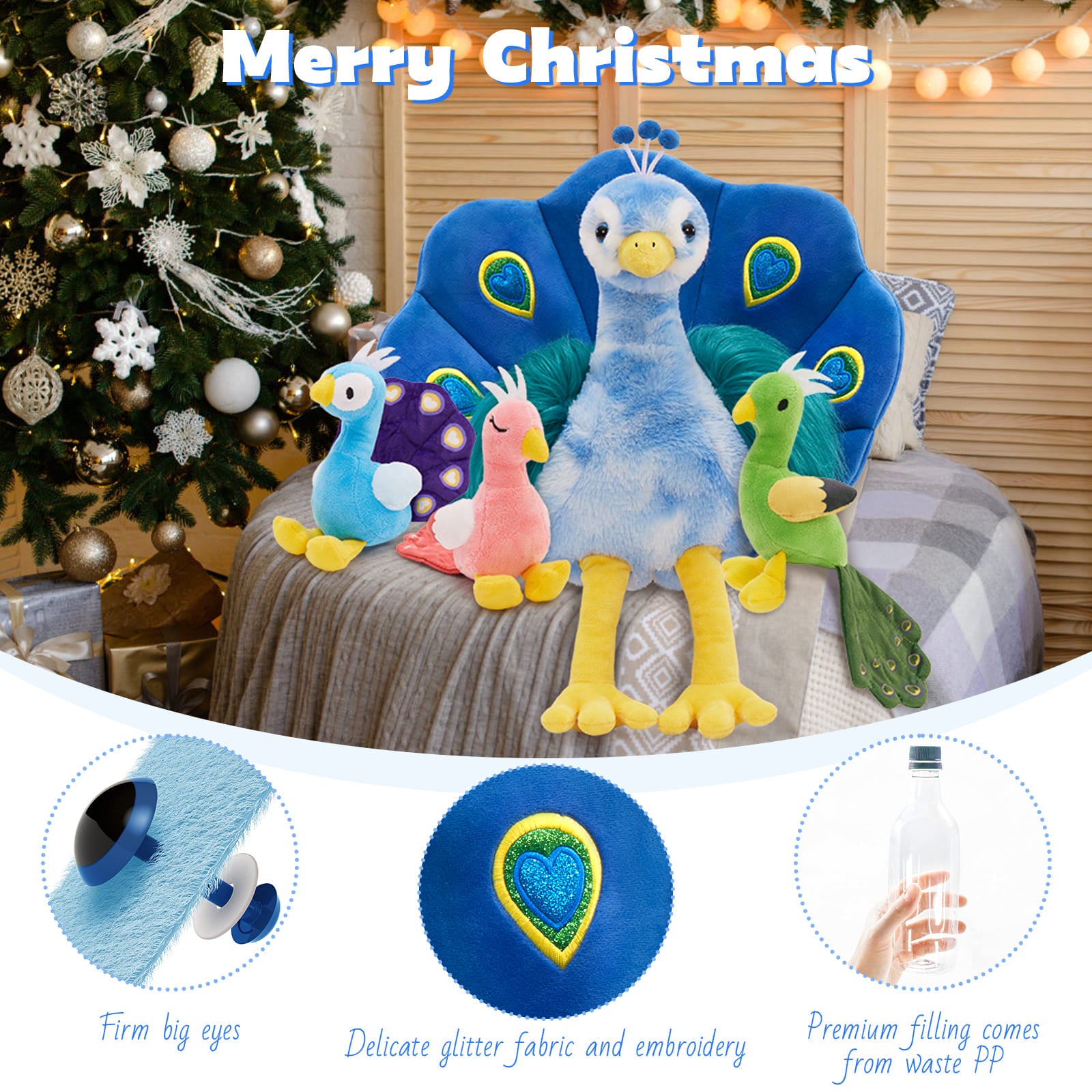 4 Pcs Peacock Stuffed Animals, Blue, 17.7 Inches