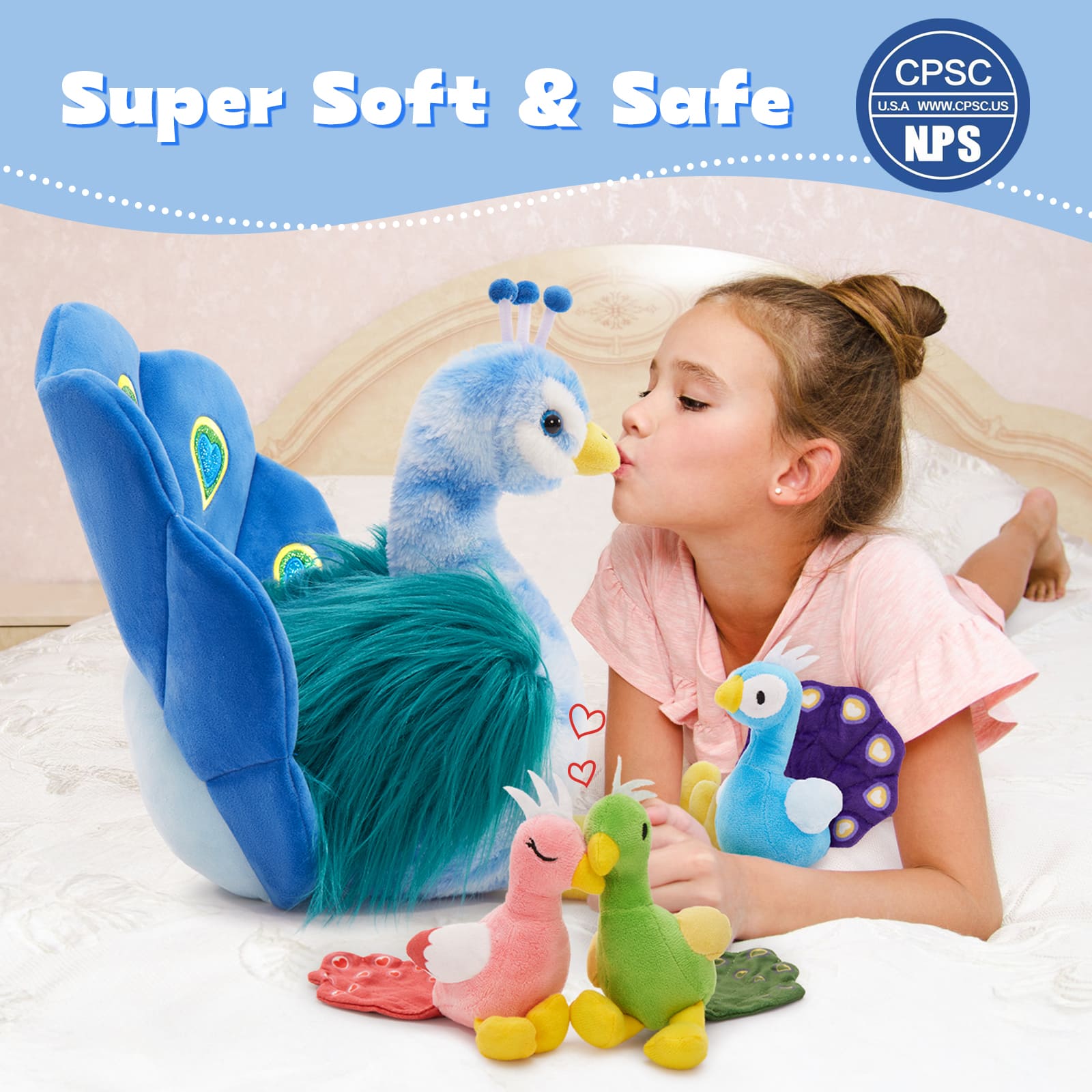 4 Pcs Peacock Stuffed Animals, Blue, 17.7 Inches