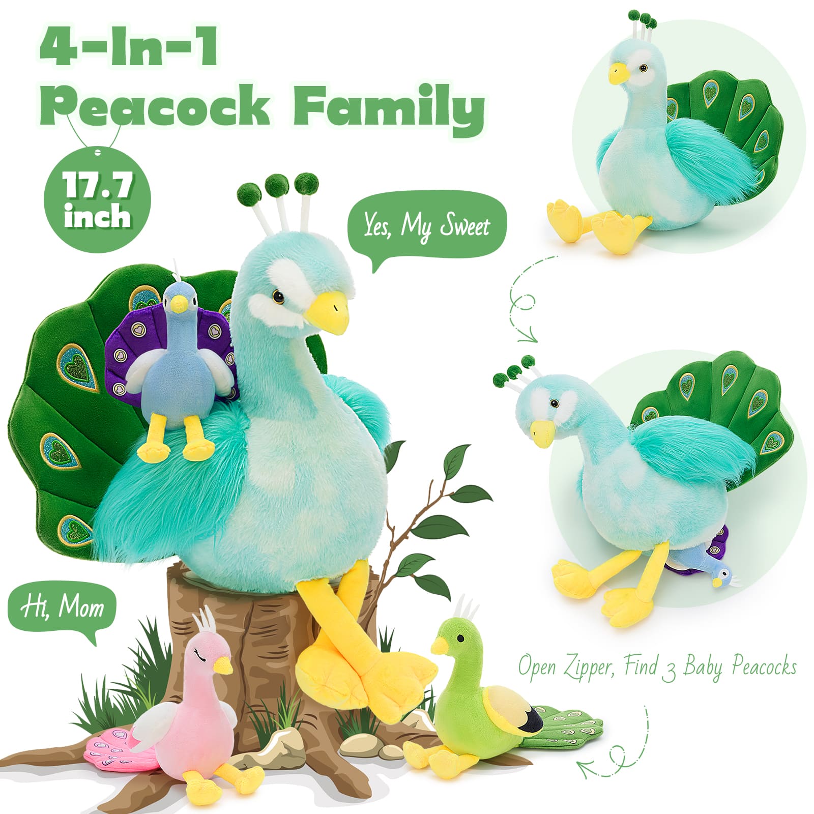 4 Pcs Peacock Stuffed Animals With Babies Inside, Blue/Pink, 17.7 Inches
