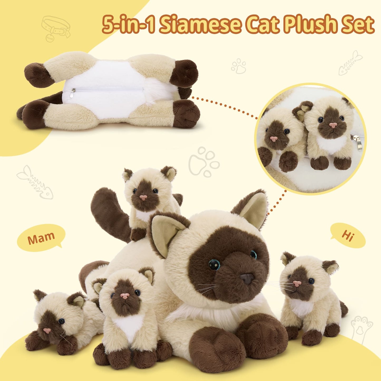 Set of 5 Siamese cat plush toys on a yellow background with text indicating '5-in-1 Siamese Cat Plush Set'.
