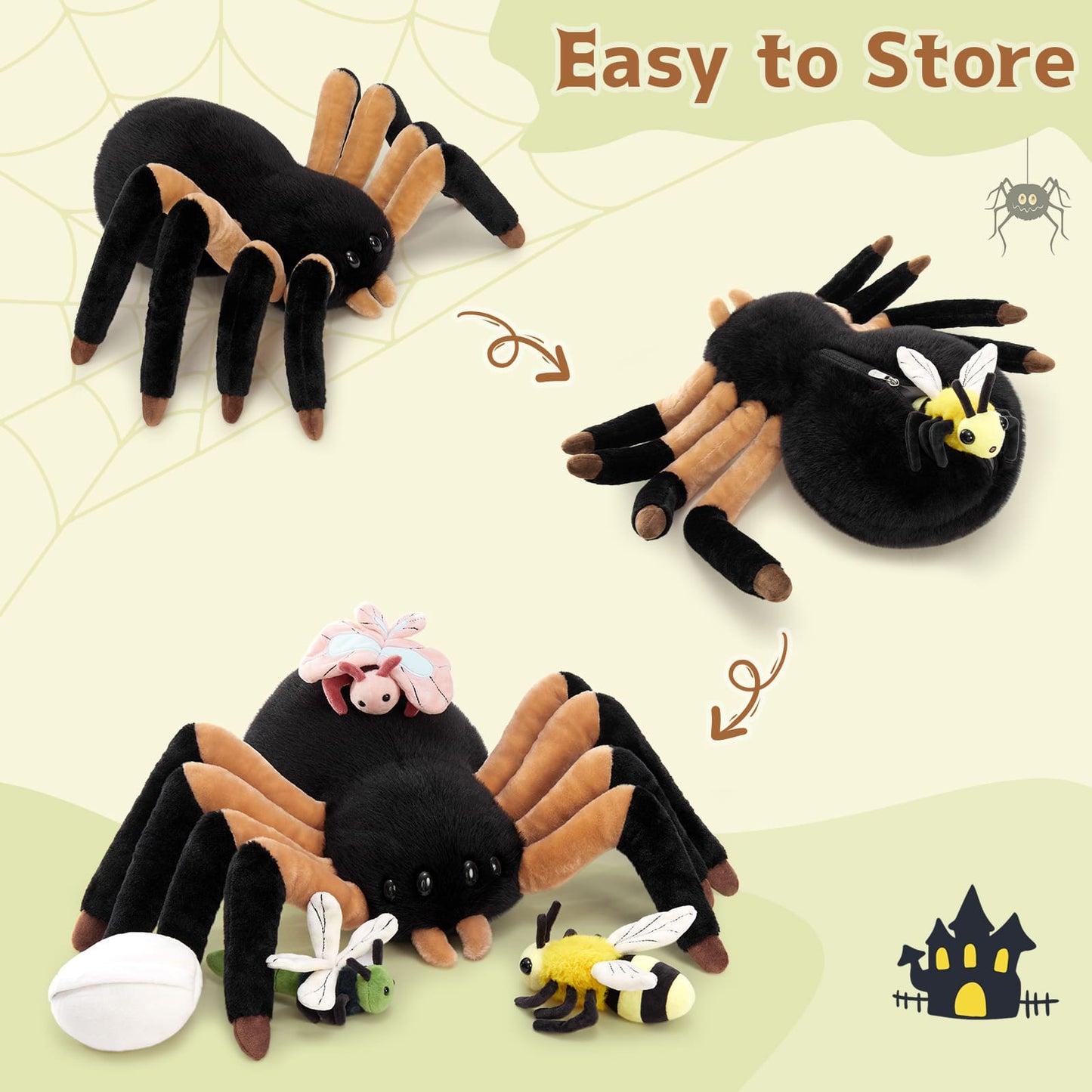 MorisMos 5 Pcs Spider Stuffed Animal, 16-inch Large Spider Plush with Butterfly, Dragonfly, Bee, Eggshell, Soft Plush Toys for Kids, Boys, Girls