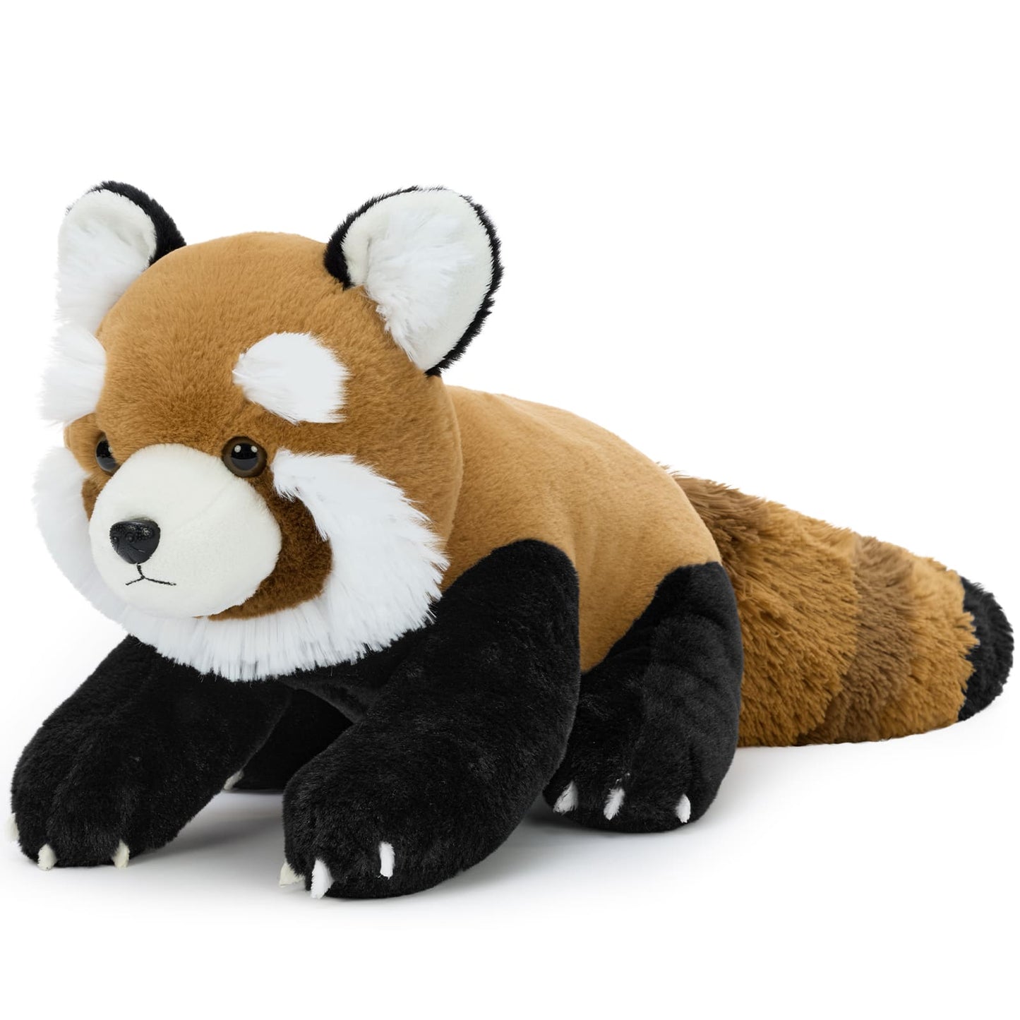 Soft red panda plush toy with fluffy red-brown fur, white face markings, black legs, and a bushy tail, lying in a relaxed pose on a white background.