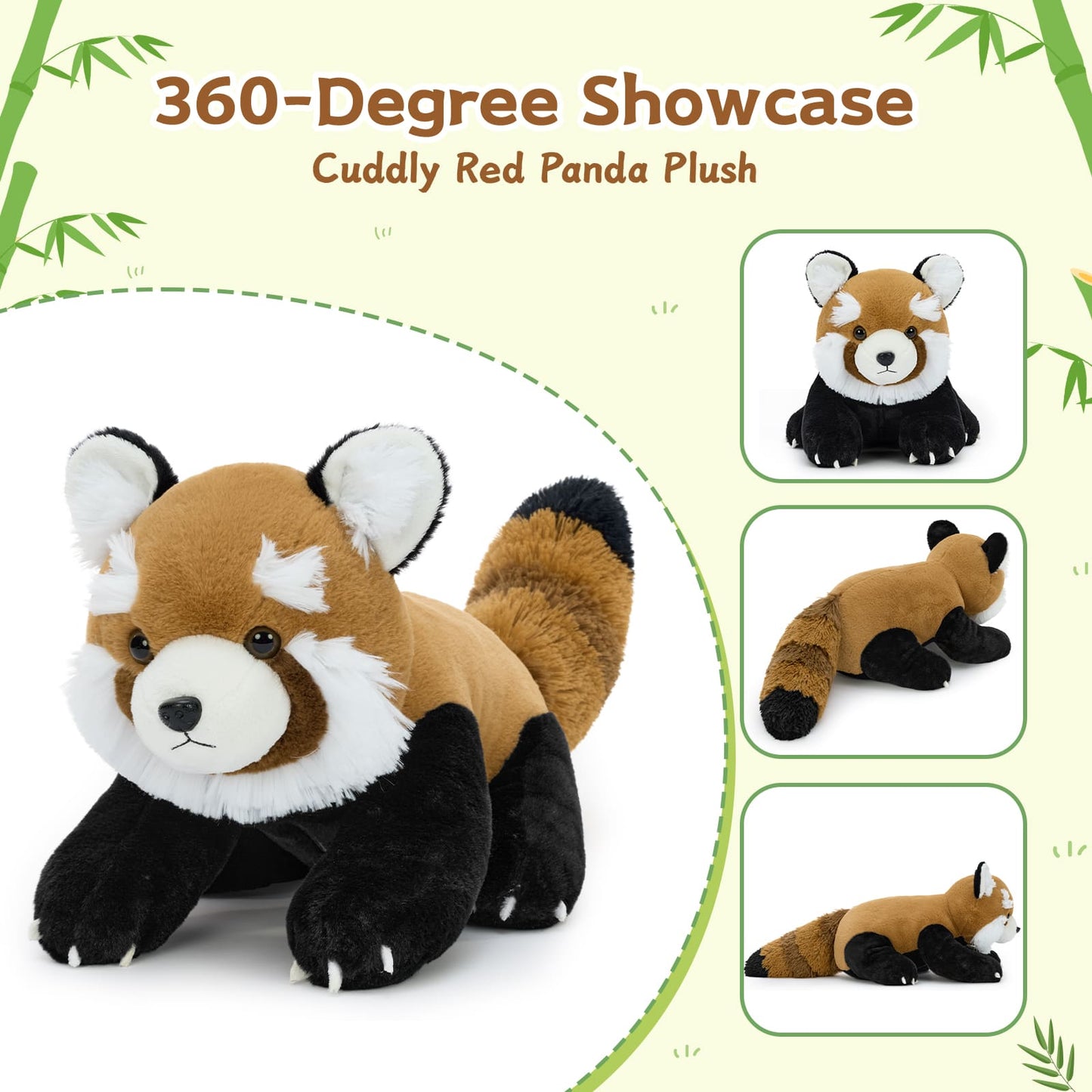 Cuddly red panda plush toy with 360-degree showcase on a light green background.