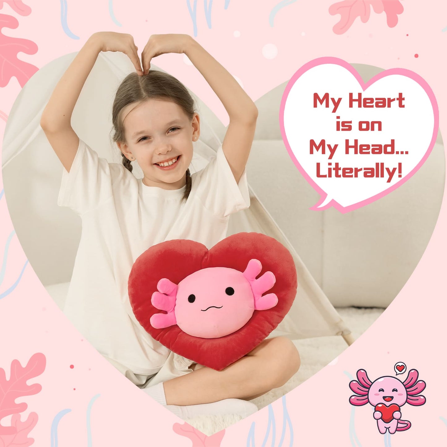Valentine's Axolotl Plush with Heart-Shaped Hood, Squishy and Soft Salamander Stuffed Animal Throw Pillow,16"