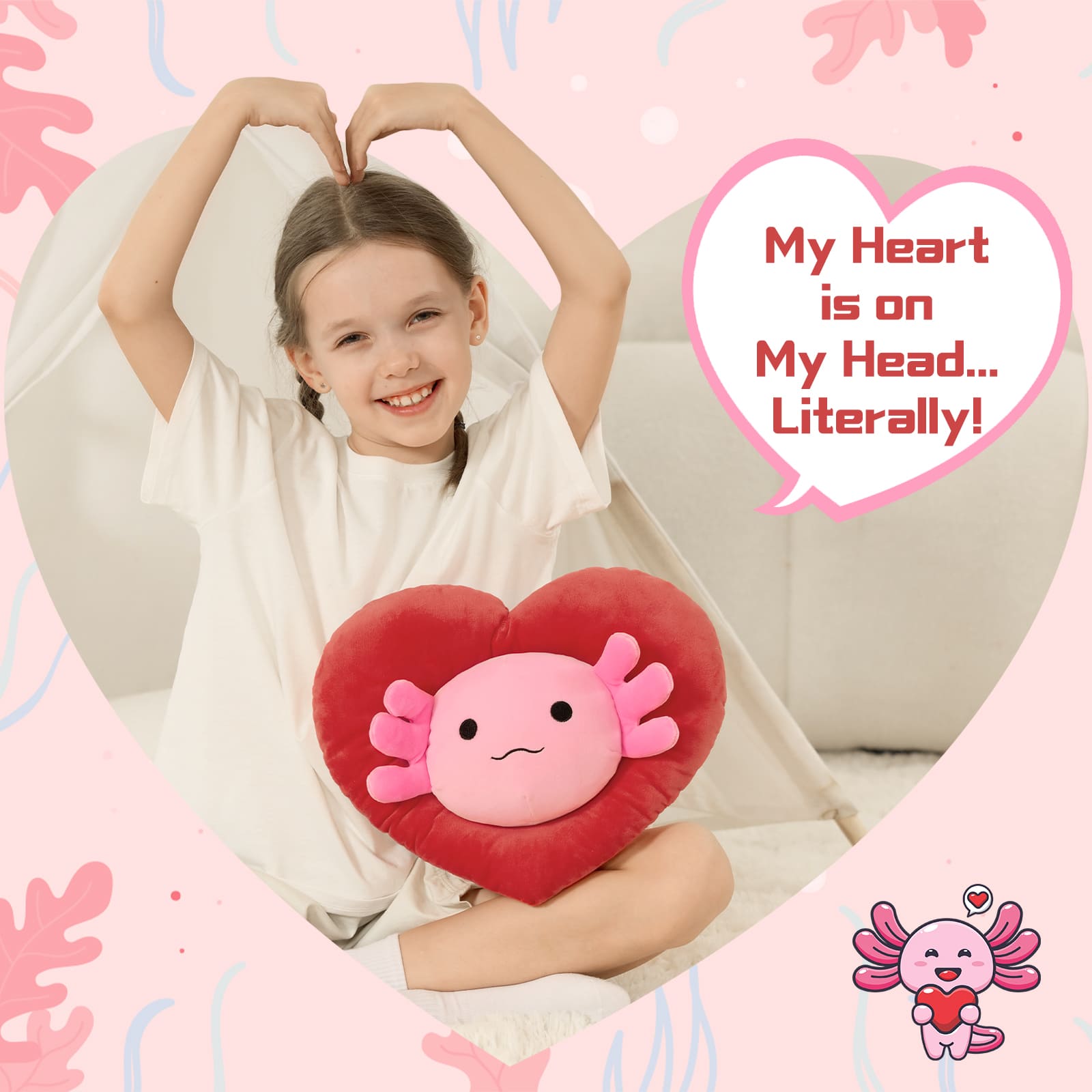 Valentine's Axolotl Plush Toy with Heart-Shaped Hood, 16 Inches