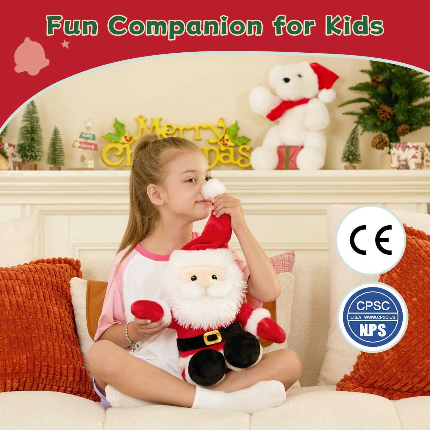 MorisMos 16-inch Christmas Santa Claus Stuffed Animal with Adjustable Joints, Weight Heating Stuffed Santa Claus Plush Toy for Girls Boys Kids