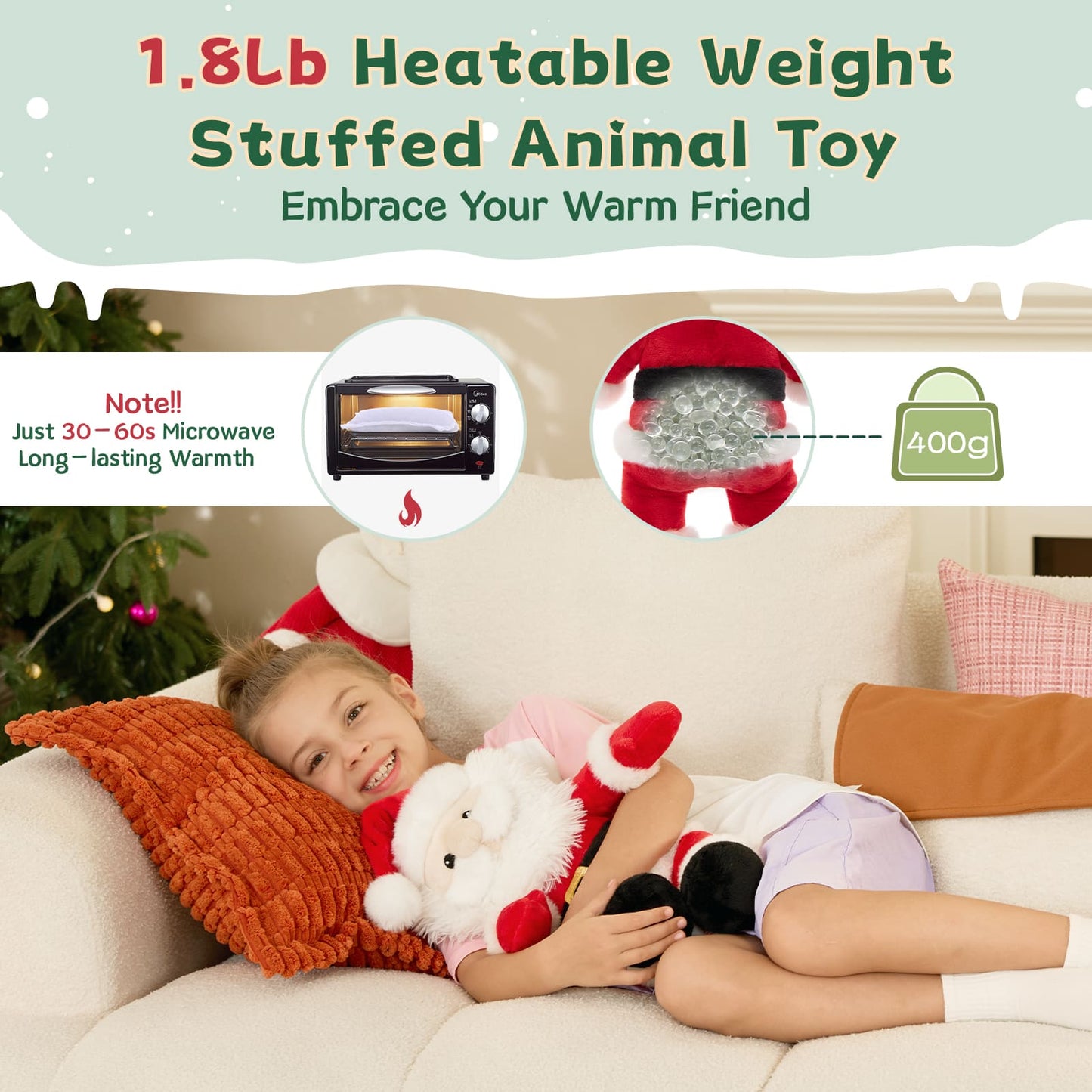 MorisMos 16-inch Christmas Santa Claus Stuffed Animal with Adjustable Joints, Weight Heating Stuffed Santa Claus Plush Toy for Girls Boys Kids