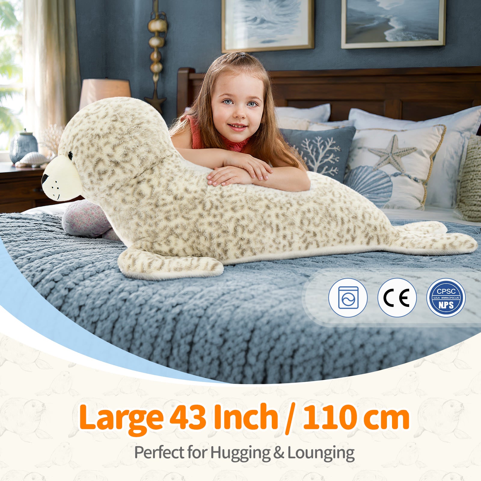 43 Inch Giant Seal Plush Pillow Ultra Soft Large Stuffed Animal for Kids