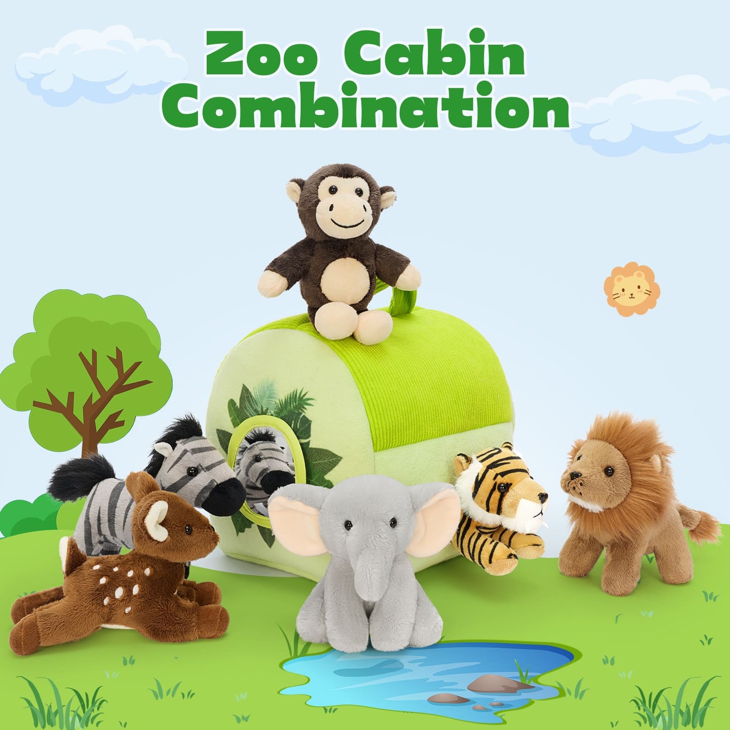 Premium safari zoo stuffed animal gift set with cuddly wildlife plush toys and carrying case, ideal for preschool learning, role play, and sensory development.