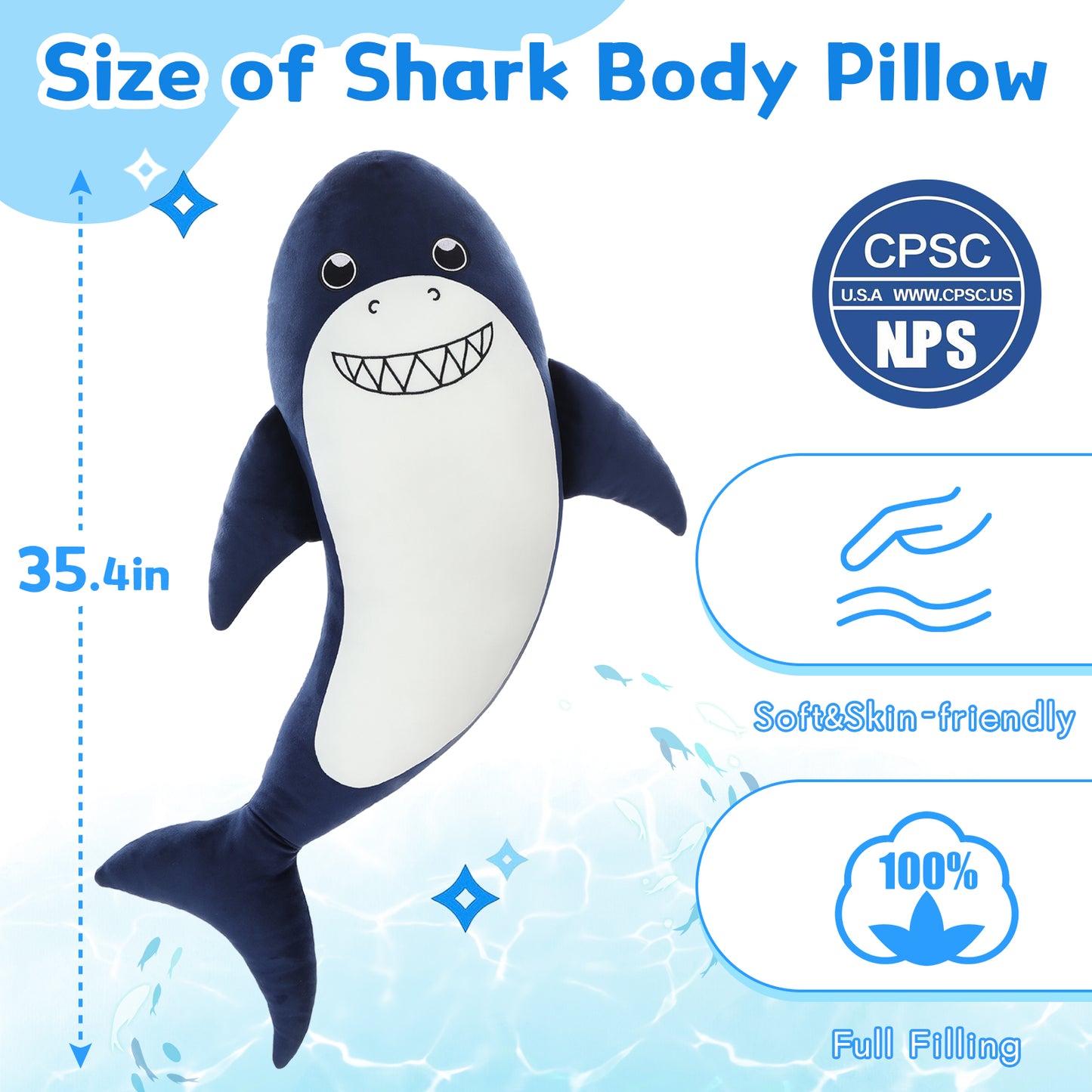 Shark Plush Toy Ocean Stuffed Animals, Navy Blue, 35 Inches - MorisMos Sea Stuffed Animals - Free Shipping - Cute Cartoon Shark Plush Pillows 35 Inches - Birthday Gift for Friends