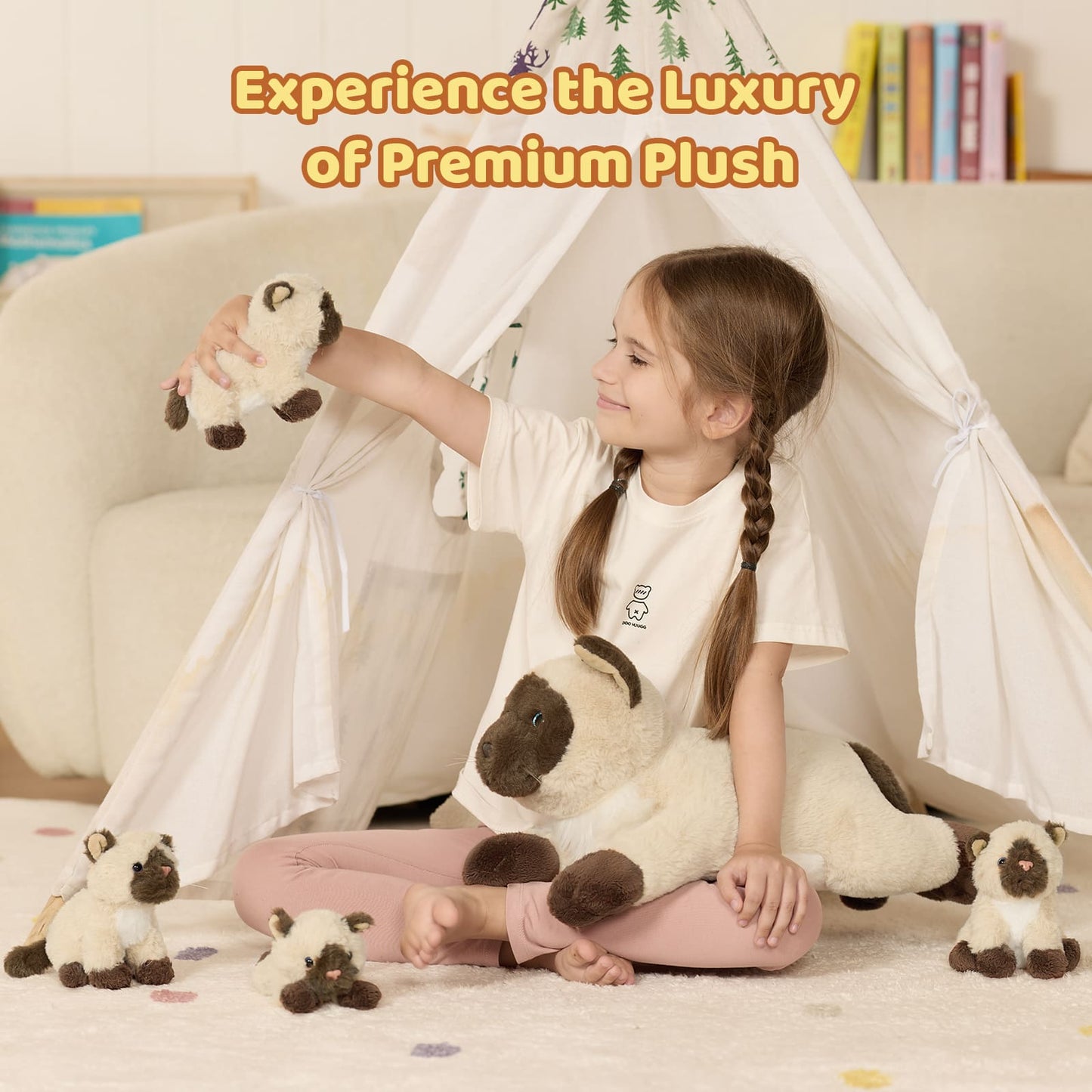Child playing with plush toys in a cozy room with a text overlay about premium plush.