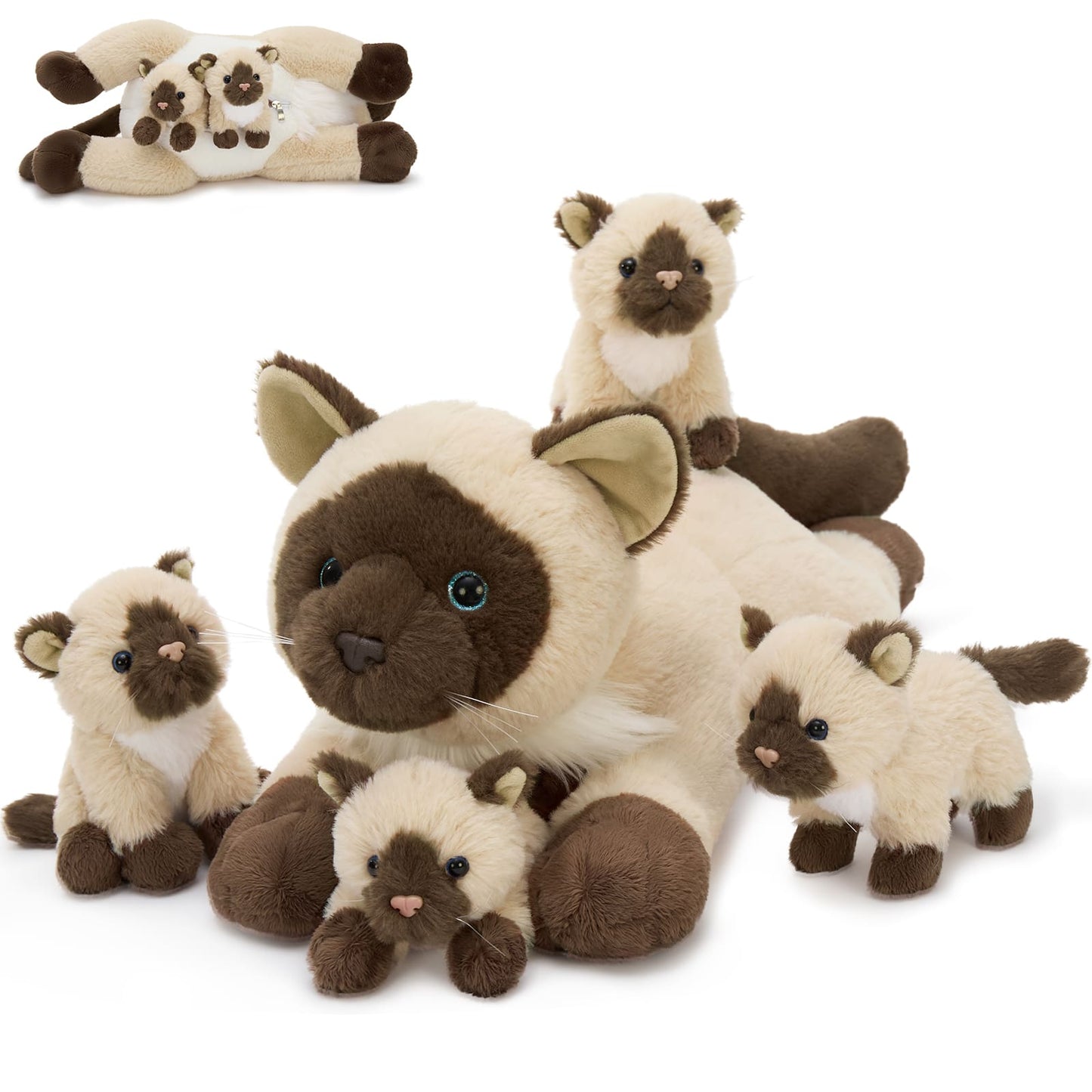 Set of Siamese cat plush toys on a white background