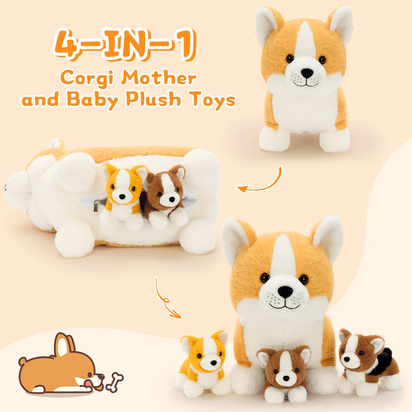 Corgi Stuffed Animals with Three Puppies Inside the Belly - Kawaii Dog Plush Toys for Children - Gift for Pet Lovers