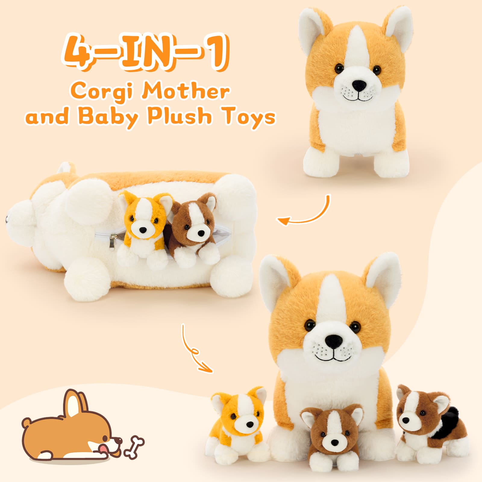 Corgi Dog Stuffed Animals with Puppies Inside, 17.7 Inches
