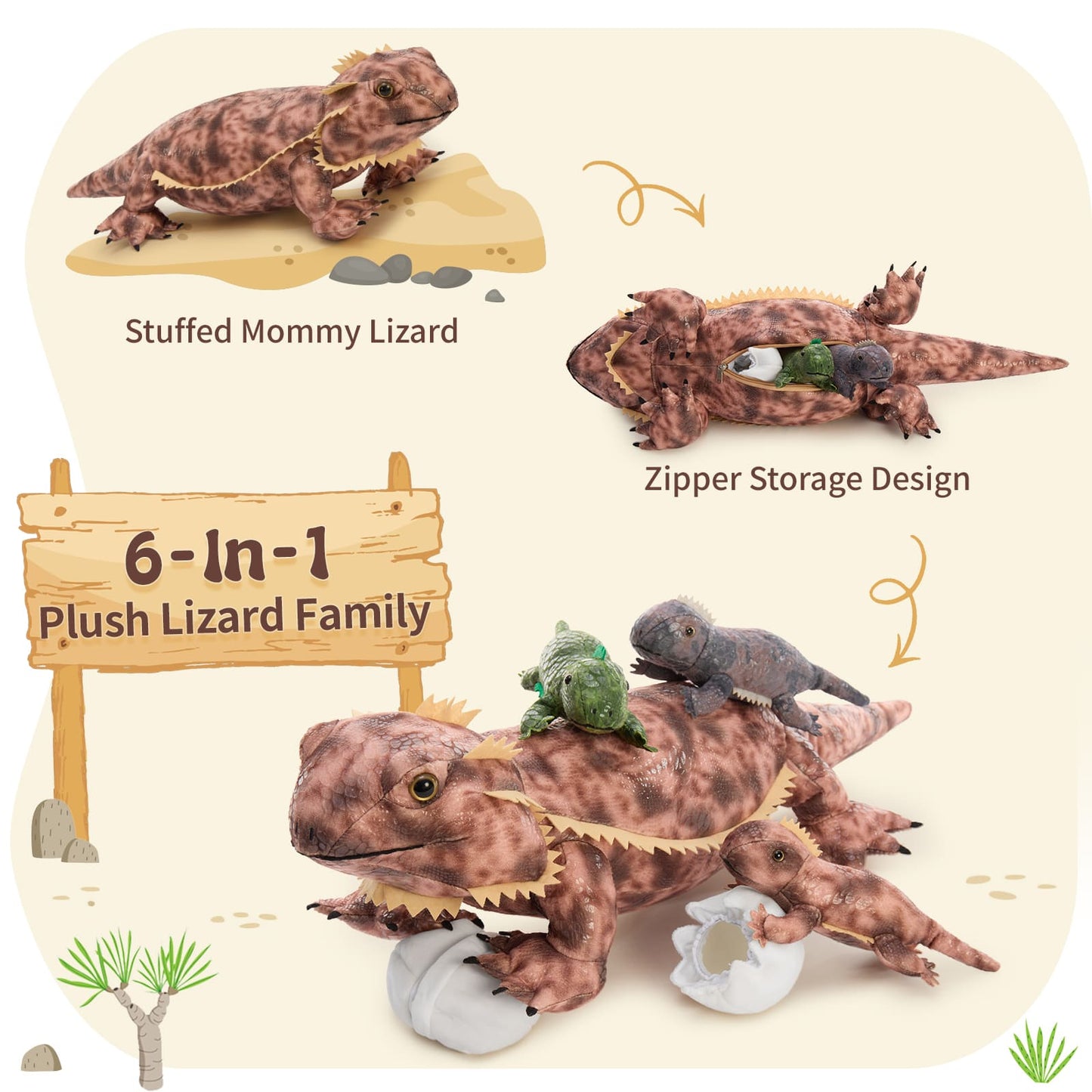 One Big Lizard Mom With Three Lizard Baby Plush Toy Set