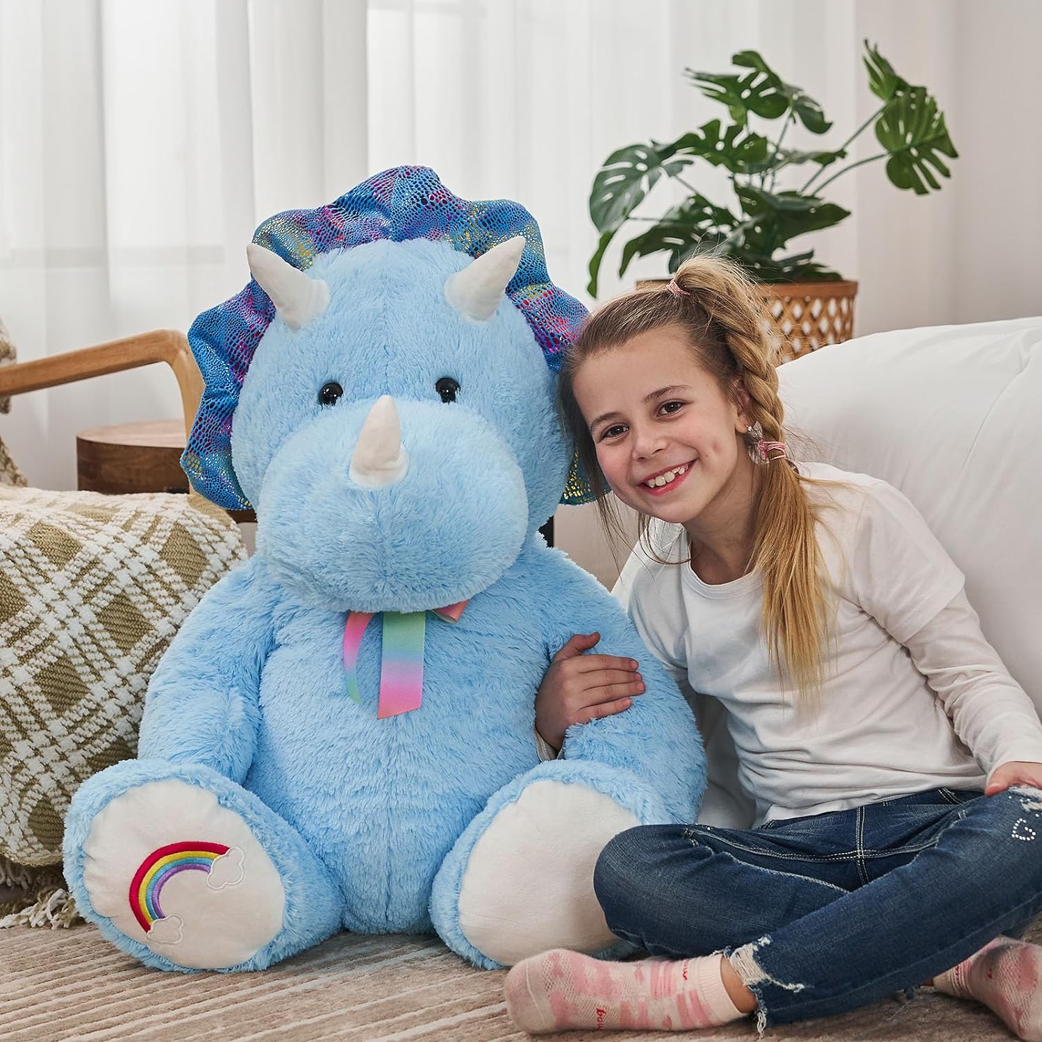 Jouet en peluche Triceratops assis, bleu, 29,5 pouces