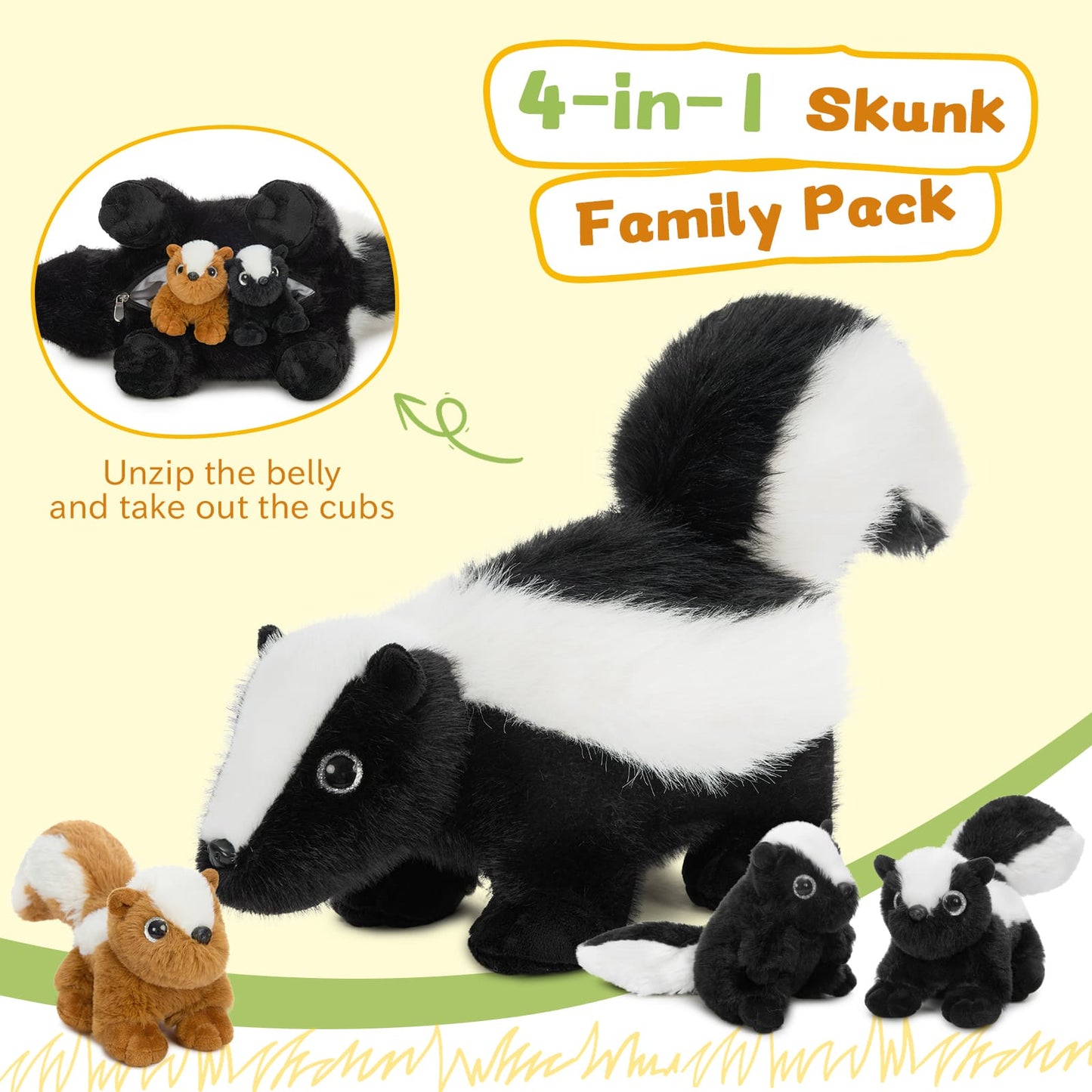 Skunk Stuffed Animals with Babies Inside the Belly - One Big Skunk with Three Mini Skunk Baby Plush Toys - MorisMos Stuffed Animals