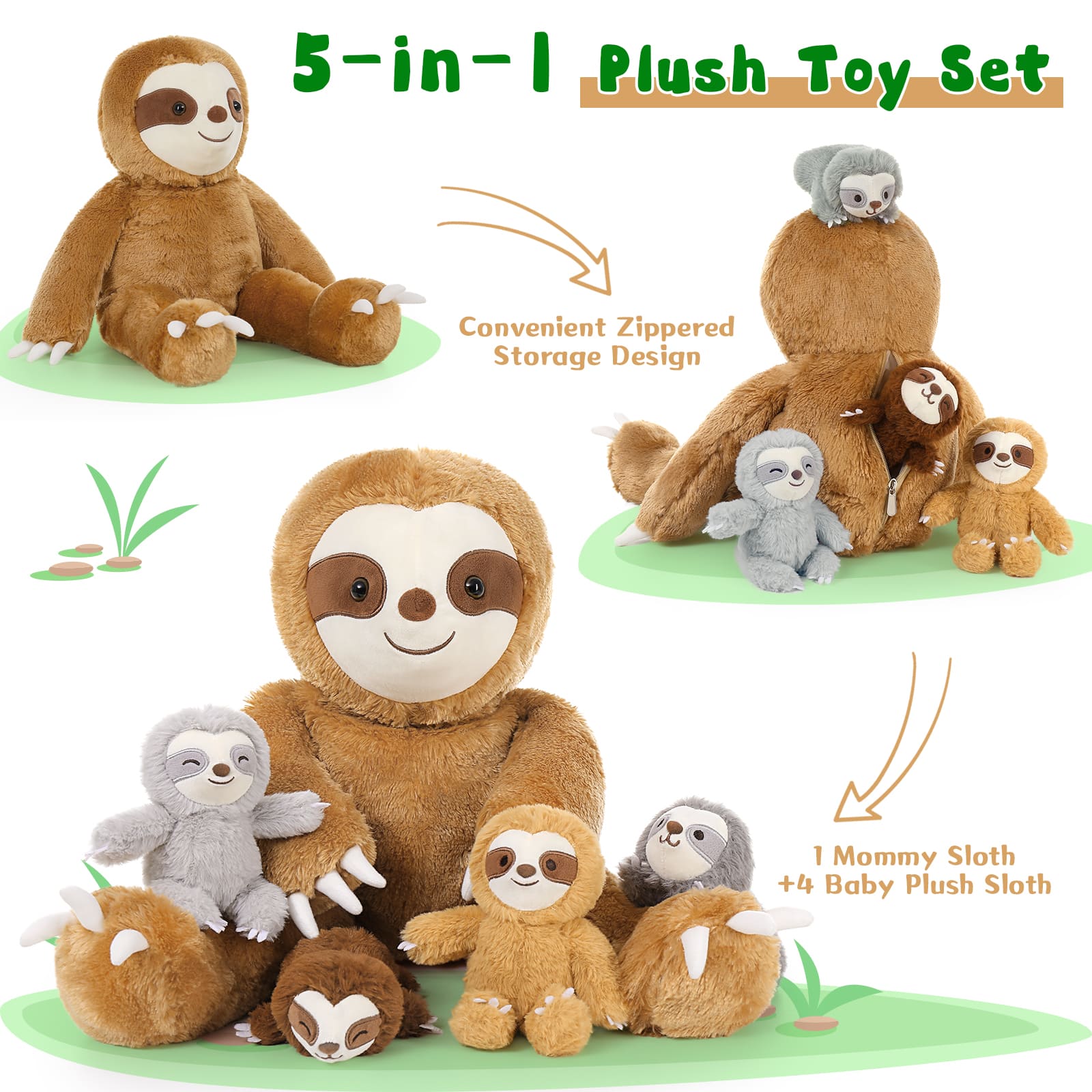 Sloth Stuffed Animal Toys, Dark Brown, 24 Inches