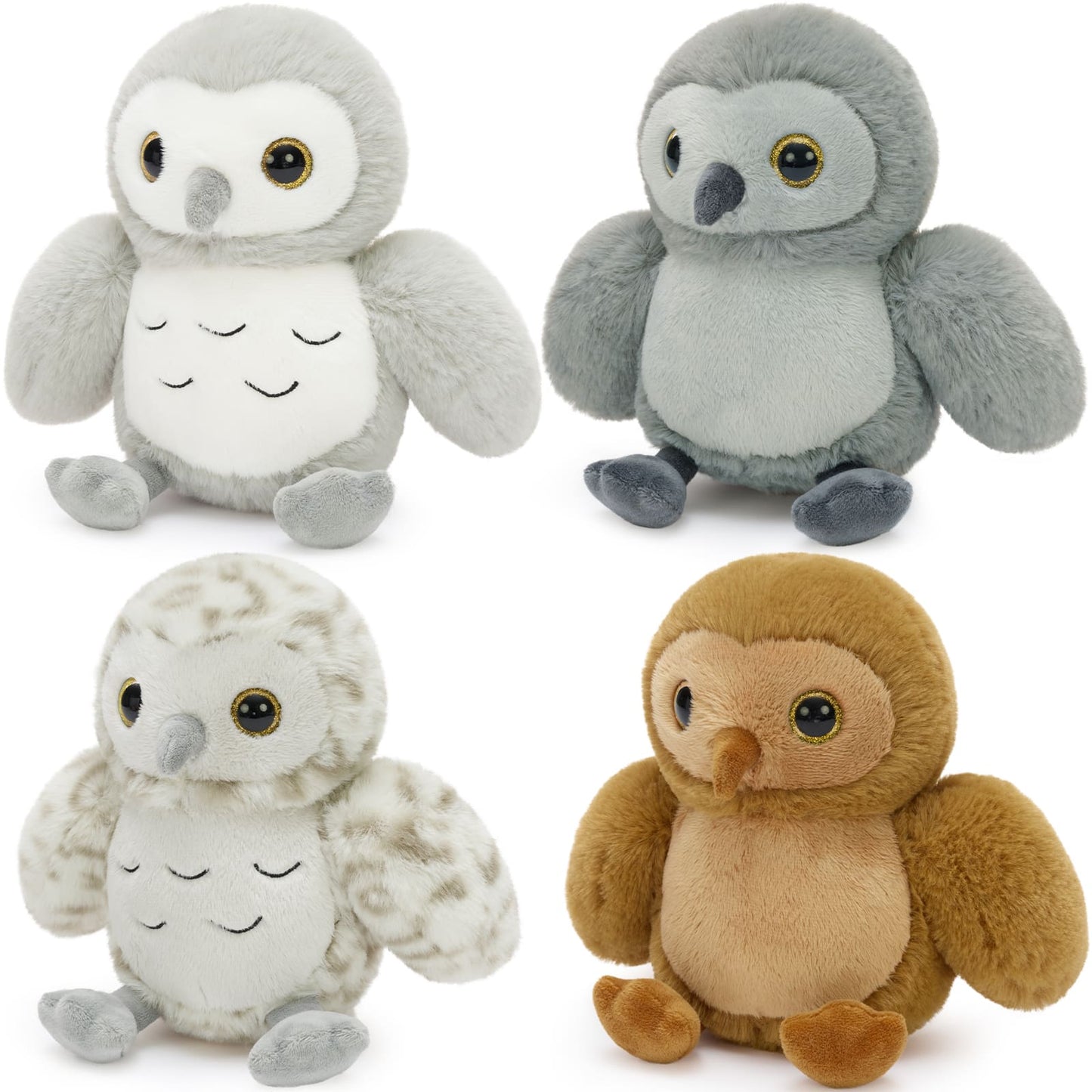 Soft owl plush toy set in multiple colors, featuring a round, cuddly design, fluffy wings, embroidered details, and shiny eyes, sitting upright.