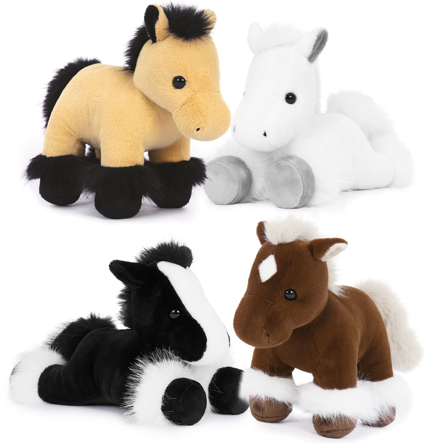 Four small horse plush toys in bulk, soft and cuddly stuffed animals for kids