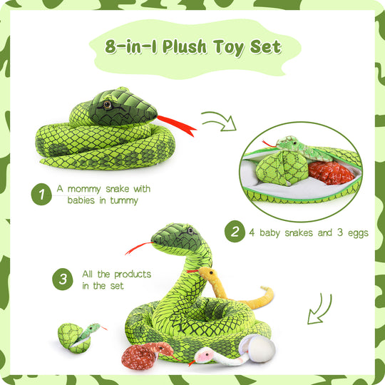 Snake Stuffed Animal Toy Set, Green/Yellow/Red/Pink/Brown, 79/118 Inches