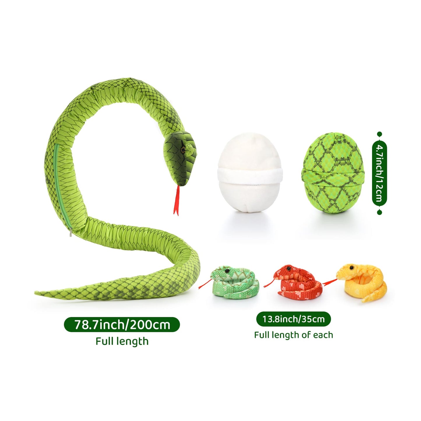 Snake Stuffed Animal Toy Set, Green/Yellow/Red/Pink/Brown, 79/118 Inches