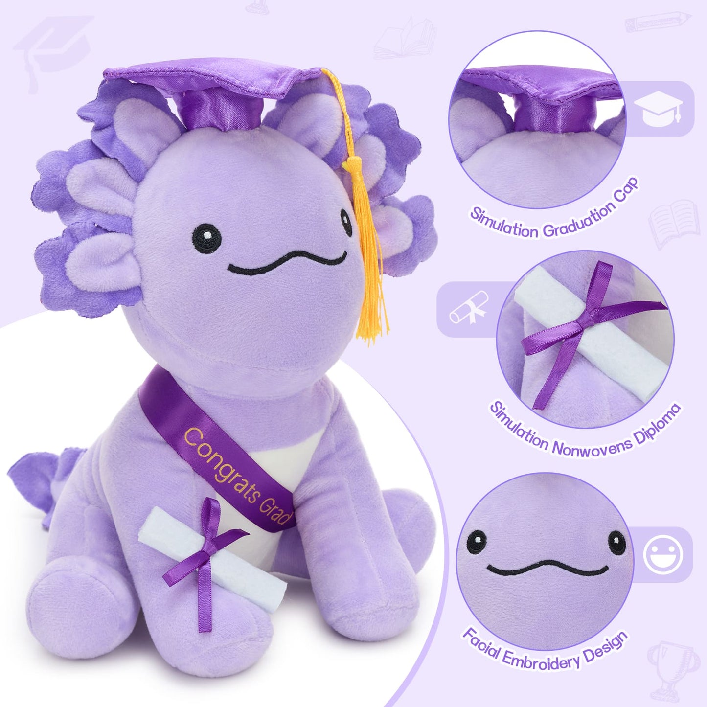 Cute kawaii axolotl plush toy in graduation theme, featuring mortarboard hat, congratulatory sash, and certificate scroll, perfect for graduation party decoration or gift.