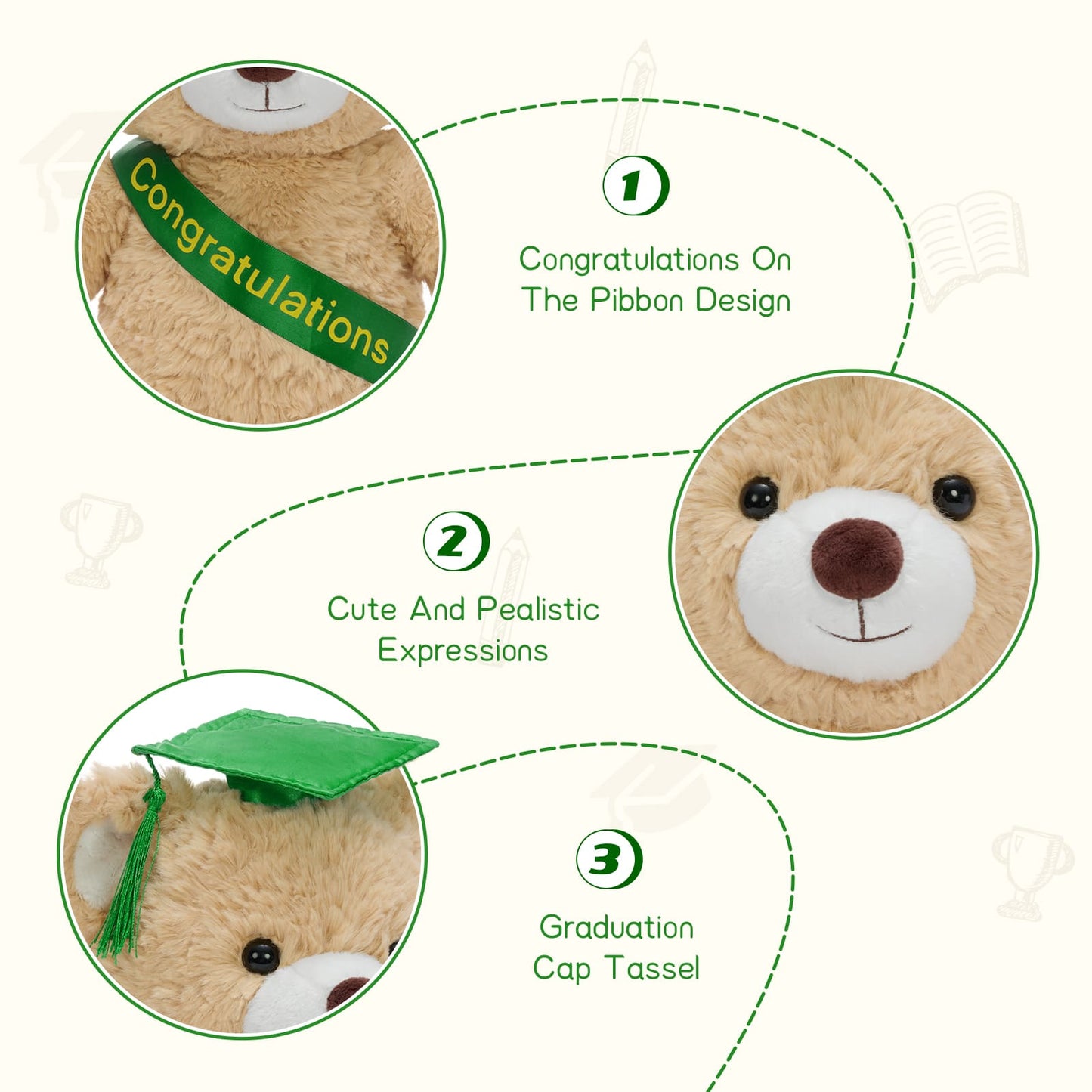 Adorable plush bear wearing graduation cap and green congratulations sash