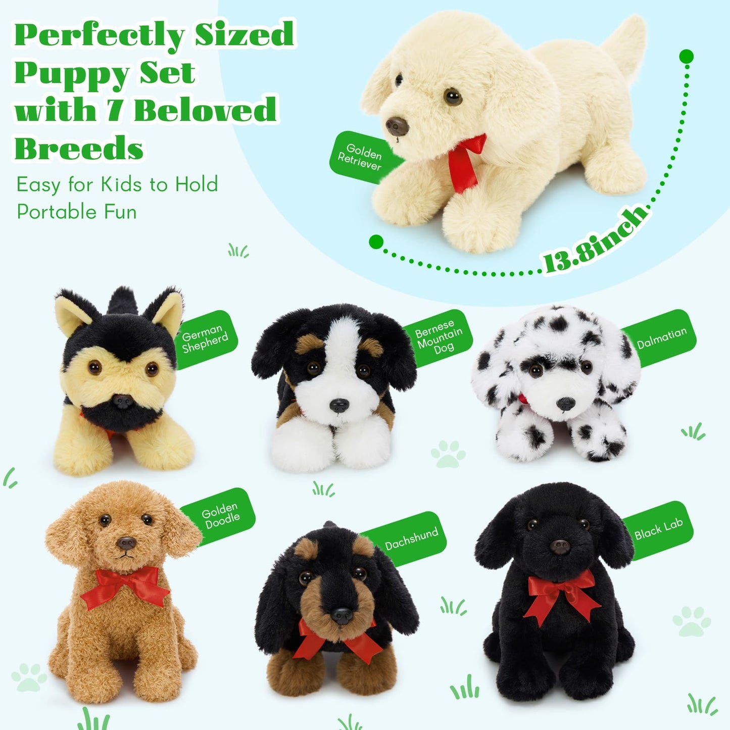 Cute collection of puppy stuffed animals including dalmatian, dachshund, and golden retriever plush toys