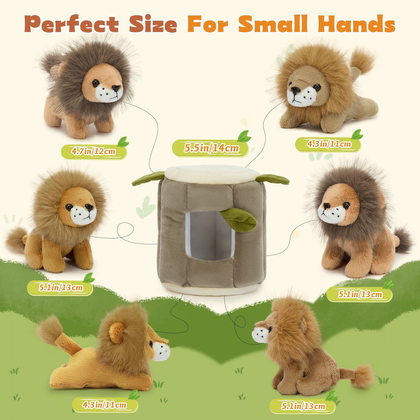 Cute Lion Plush Toy & Cozy Hideaway Tree Stump, 5.5 Inches