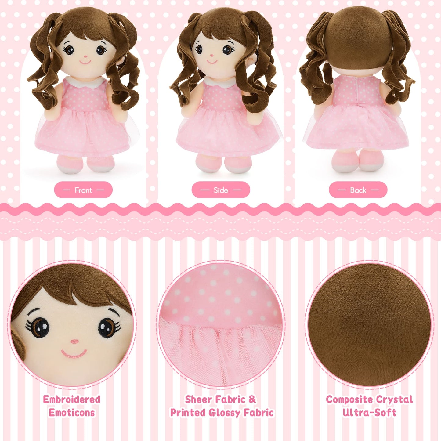Cute cloth doll with curly brown hair and pink polka dot dress, plush baby doll gift set.