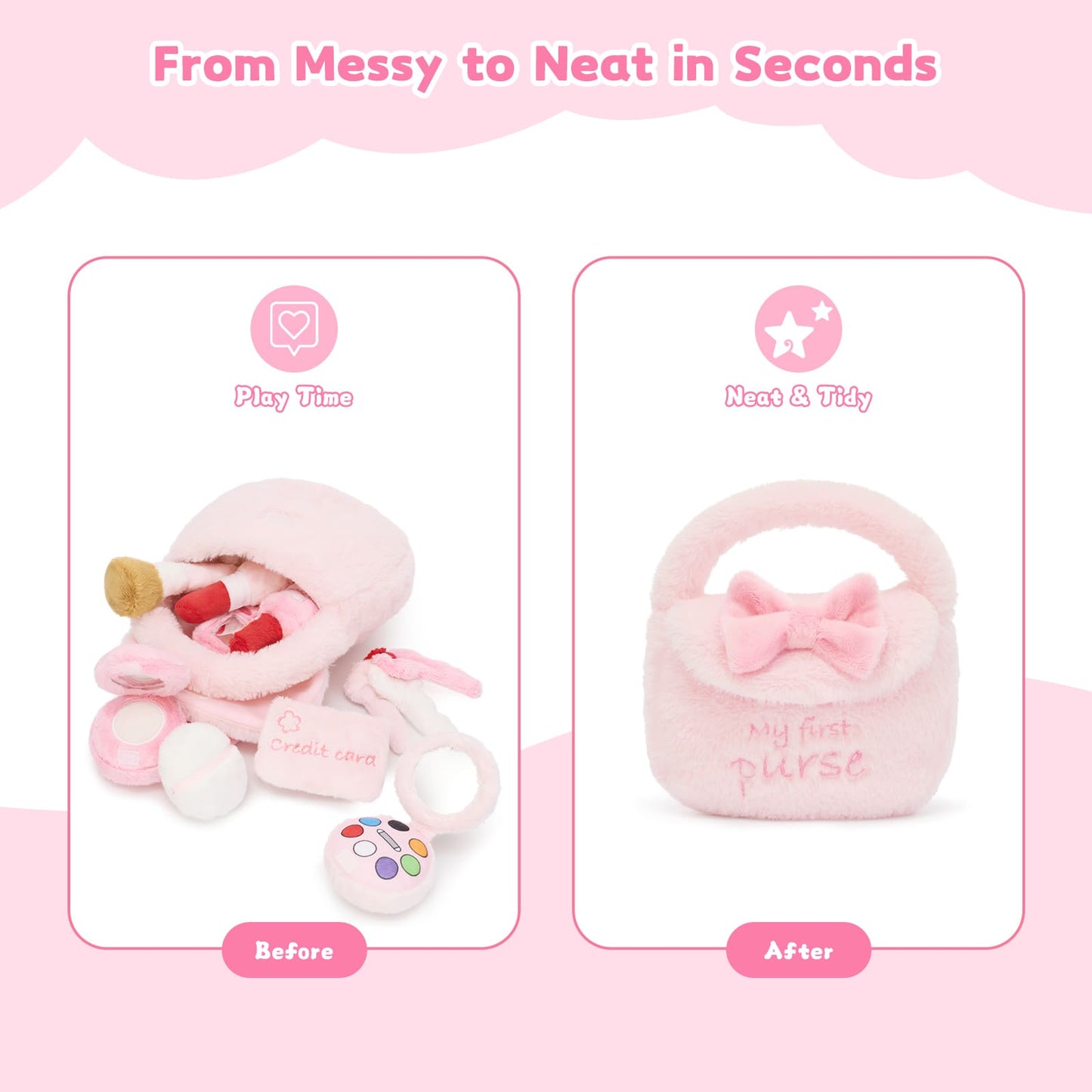 Cute pink plush toddler purse filled with soft pretend play accessories including toy cellphone, makeup compact, lipstick, nail polish, mirror, and credit card toy.