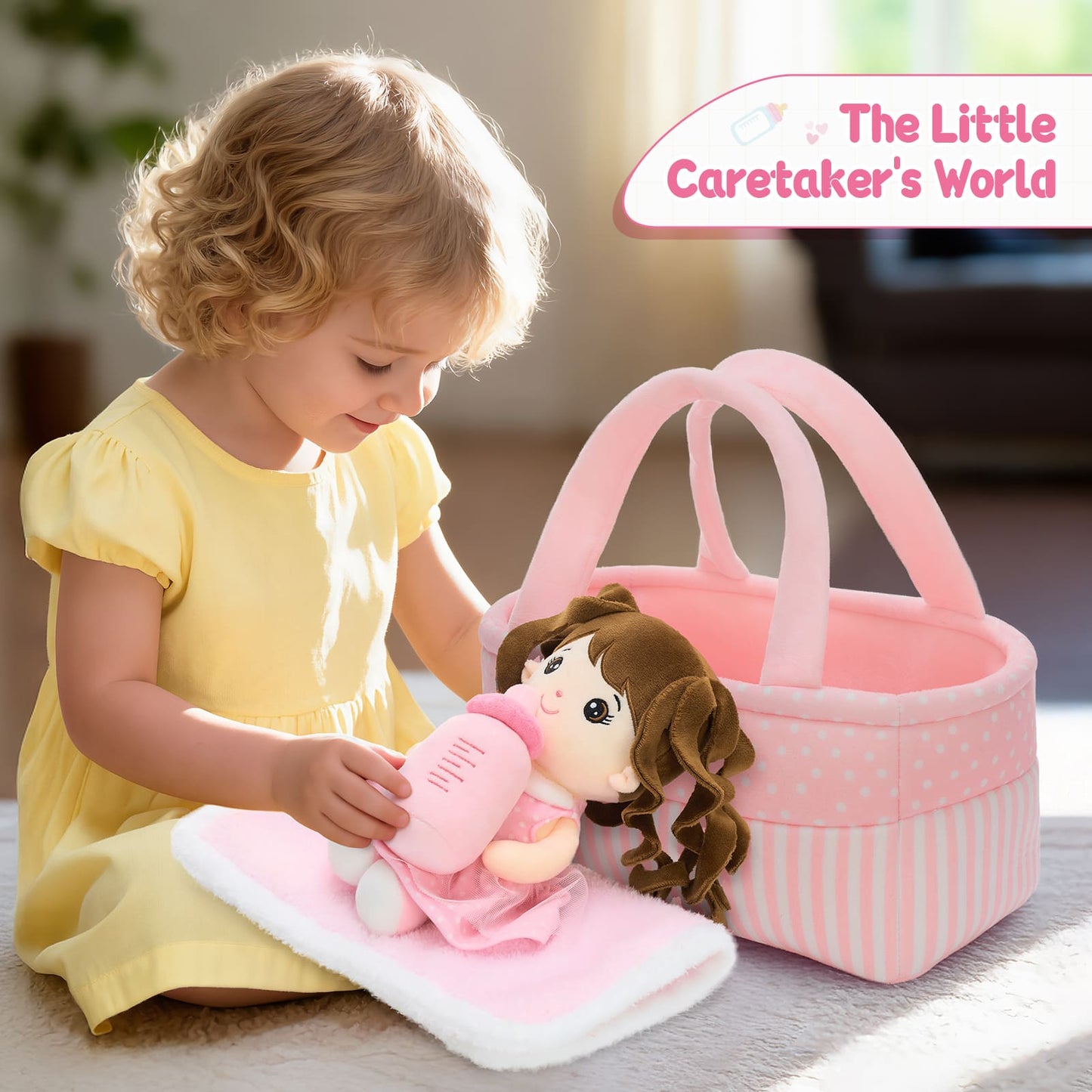Soft cloth doll gift set with pillow and tote bag, cuddly stuffed doll for kids.