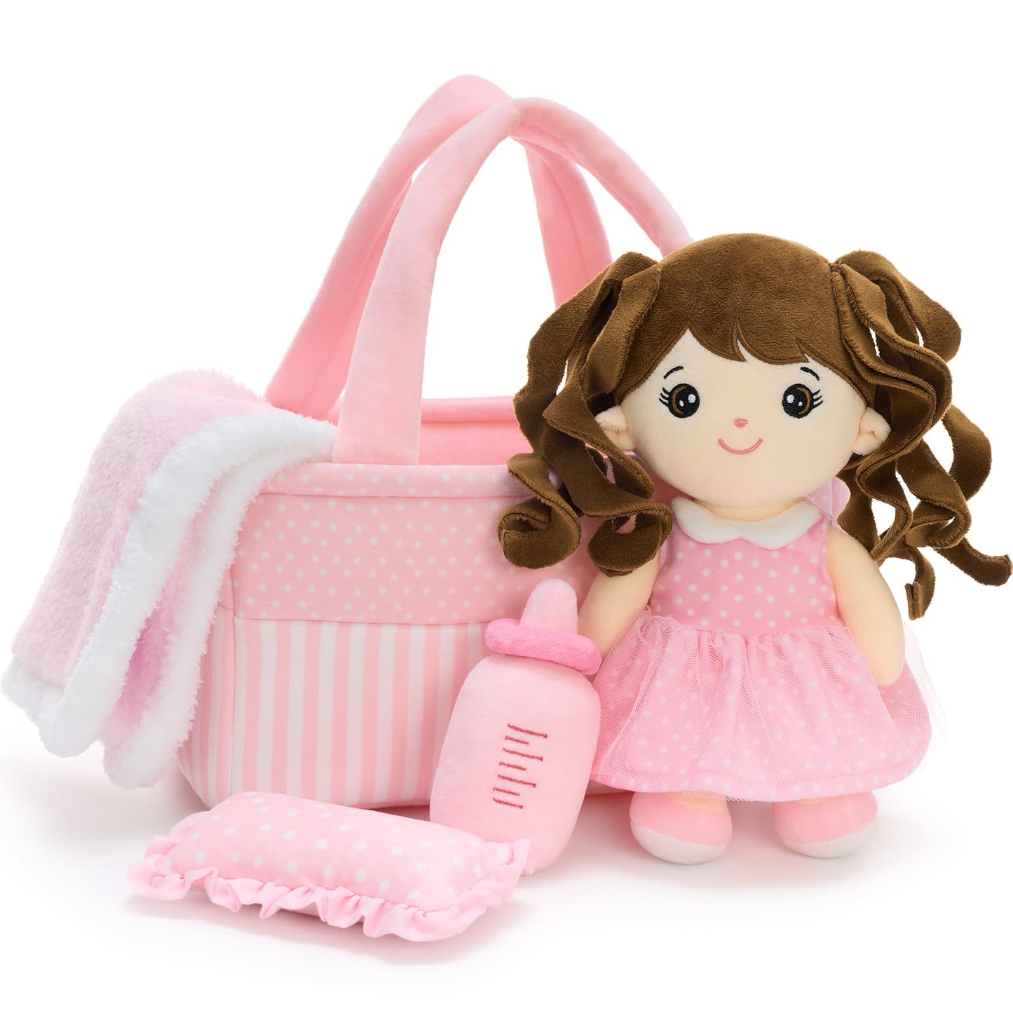 Soft rag doll plush set with pink dress, tote bag, pillow, and bottle accessories for toddlers.
