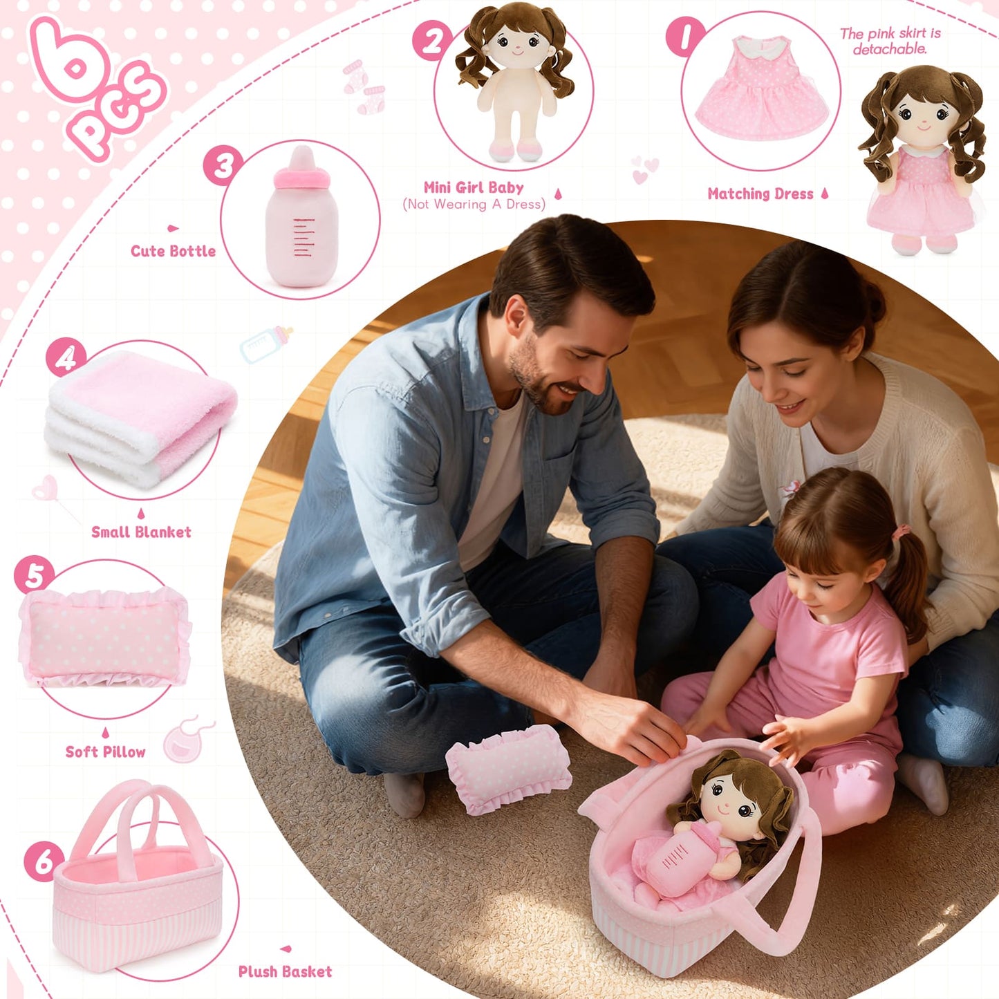 Plush baby doll with accessories, pink nursery-themed rag doll for girls and toddlers.