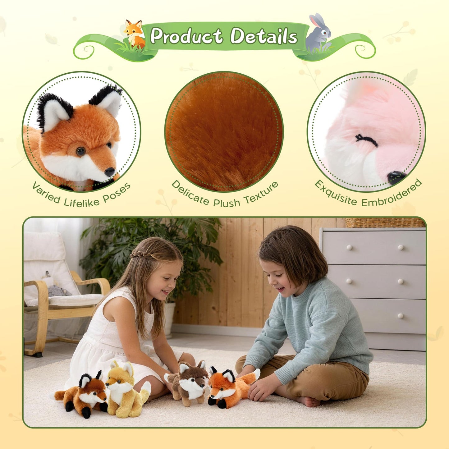 Soft fox plush toy collection with six adorable stuffed animal fox dolls perfect for birthday gifts and room decoration