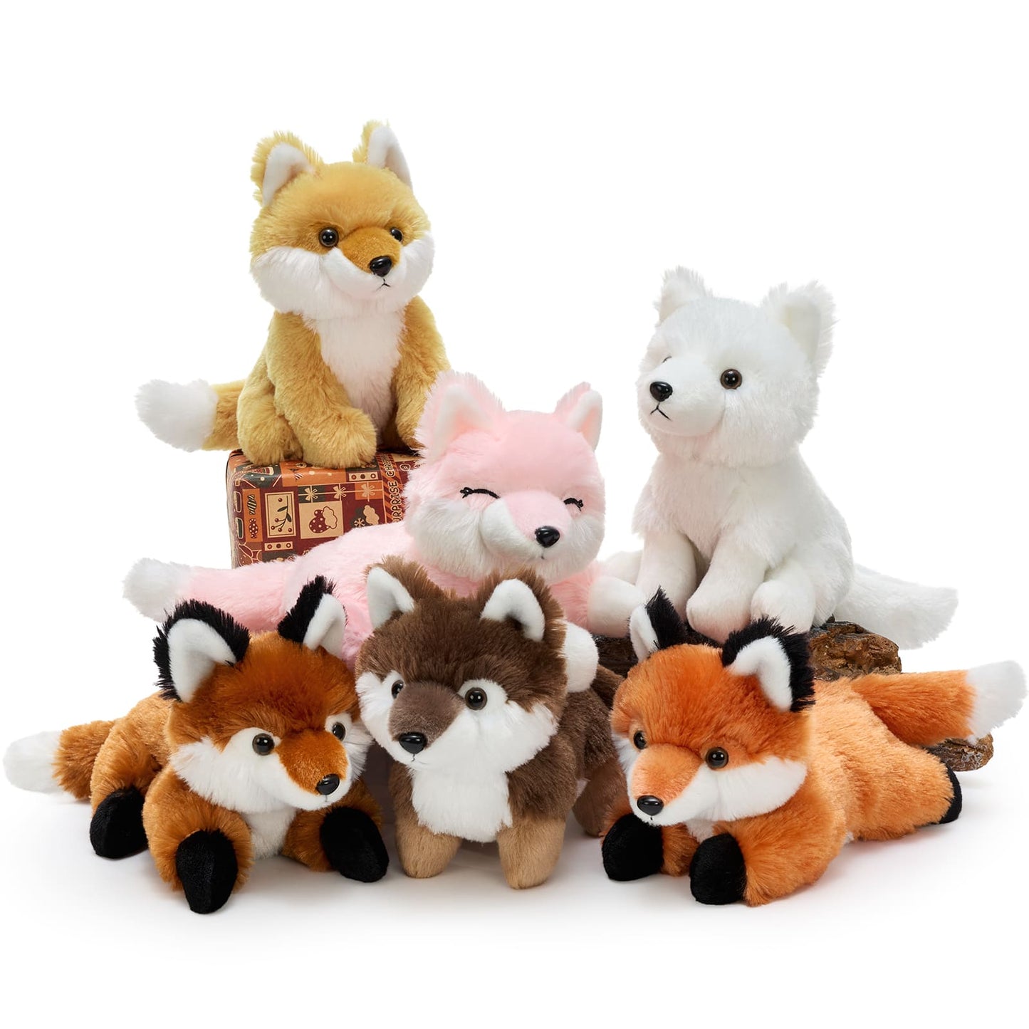 6 piece fox plush toy set with soft stuffed fox animals in different colors for kids gifts and nursery decor